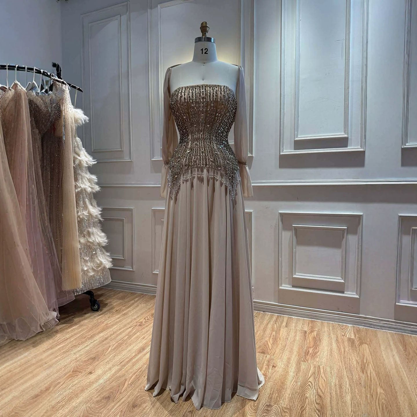 nude chiffon dress Luxury Crystal Beaded Tassel Evening LA73871 Formal Wedding Color:Black-White neckline: High Neck Ribbed Mock Neck Side