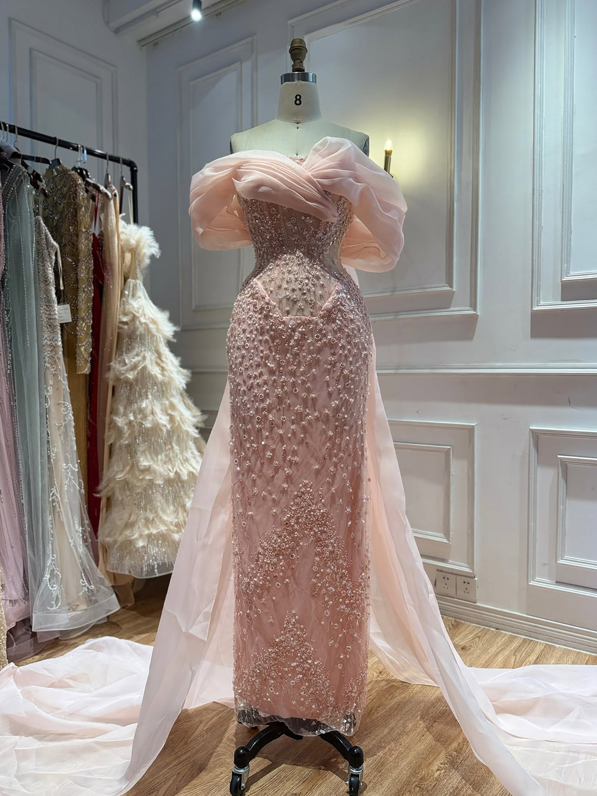 Luxury Pink Off the Shoulder Beaded Mermaid Evening Dress LA73877