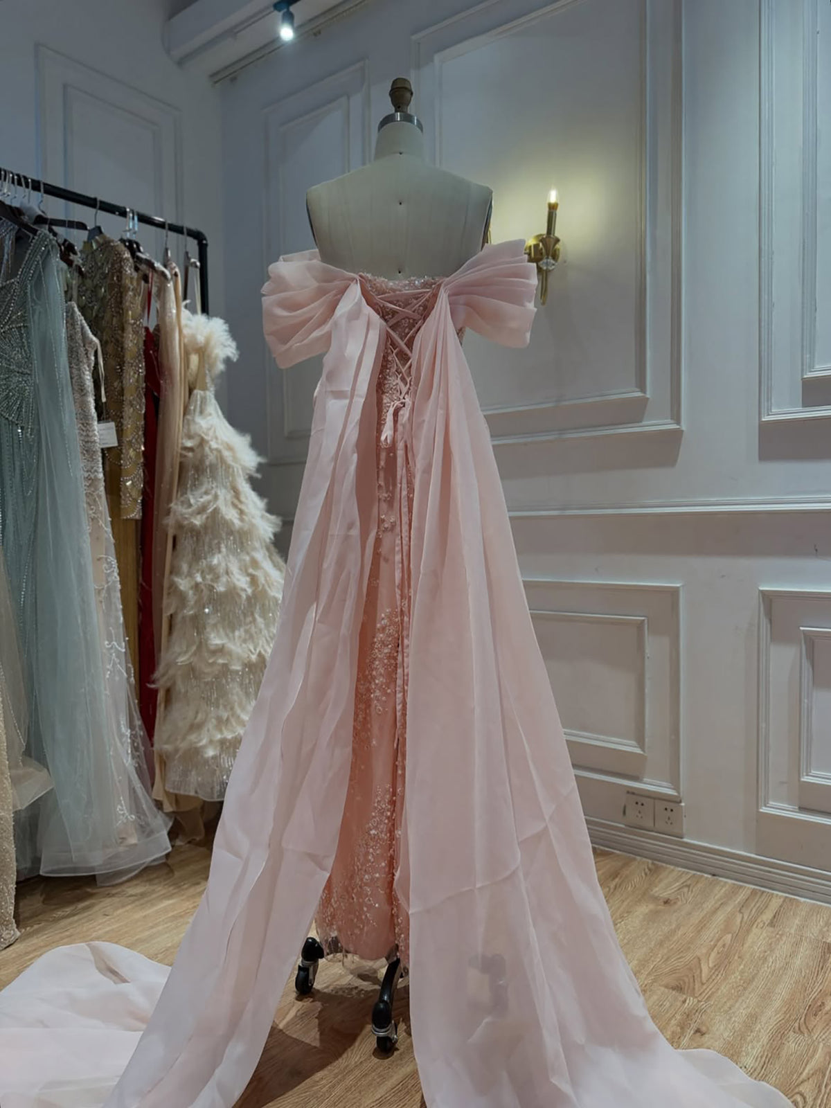 Luxury Pink Off the Shoulder Beaded Mermaid Evening Dress LA73877