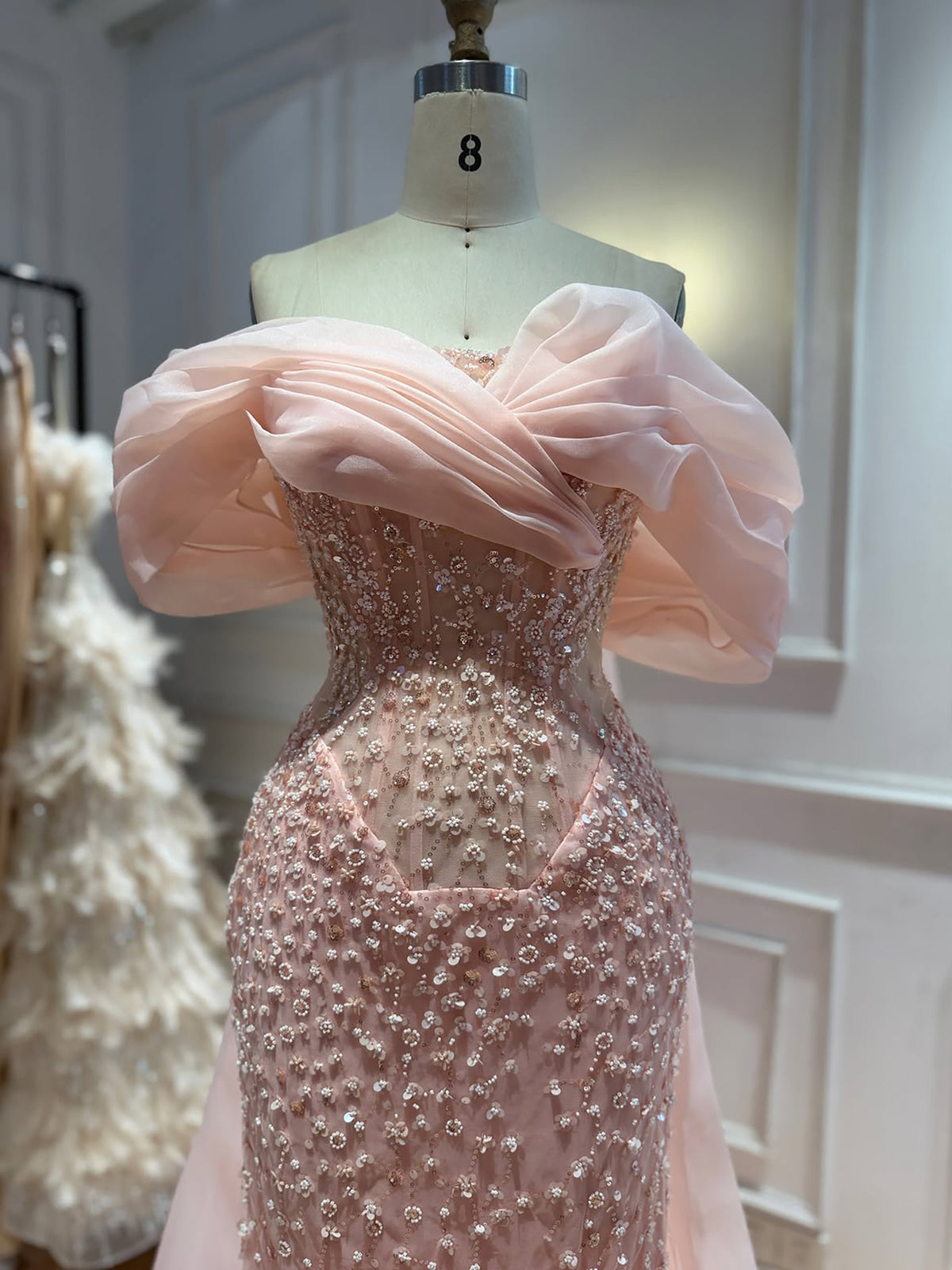 Luxury Pink Off the Shoulder Beaded Mermaid Evening Dress LA73877
