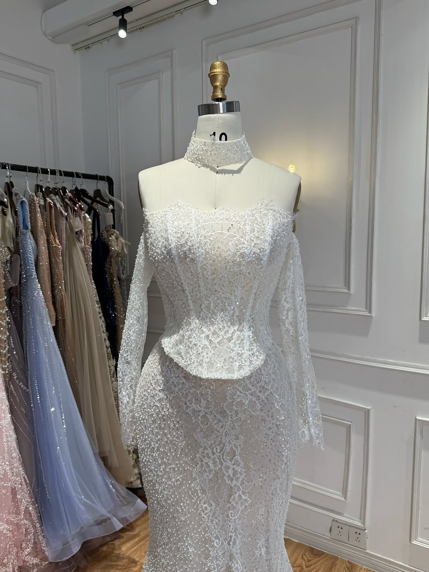 Luxury White Off the Shoulder Beaded Lace Mermaid Bridal Gown LA73878 SERENE HILL