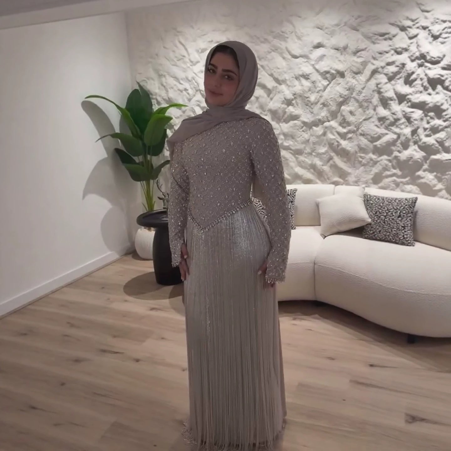 Luxury Silver High Neck Crystal Beaded Fringe Evening Dress LA73879 SERENE HILL