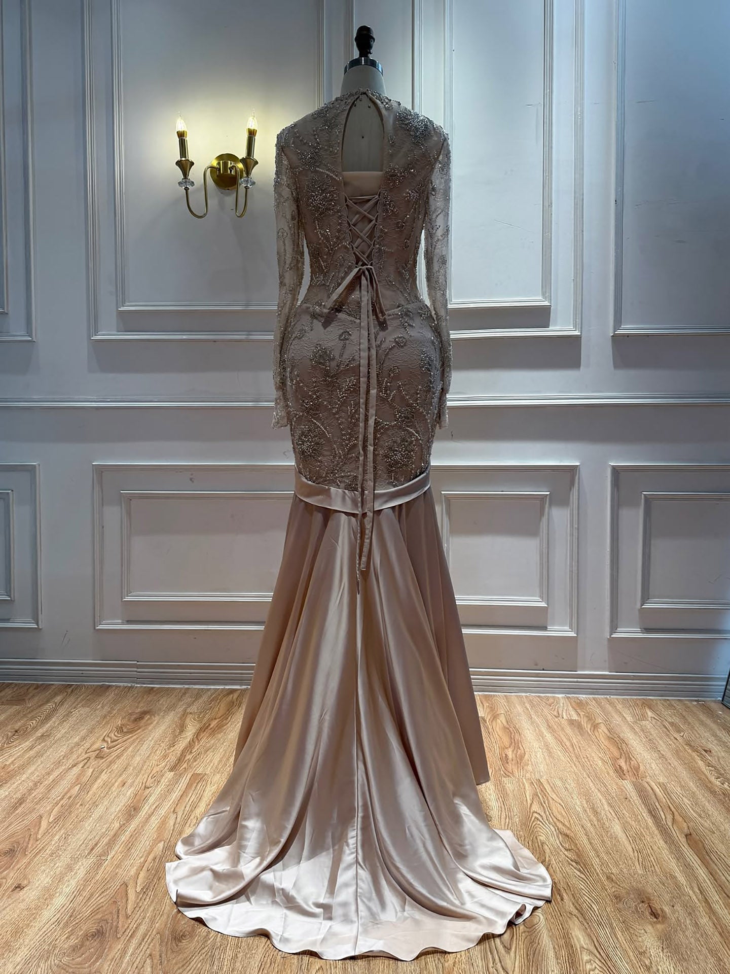 Luxury Champagne Long Sleeves Beaded Satin Mermaid Evening Dress LA73881