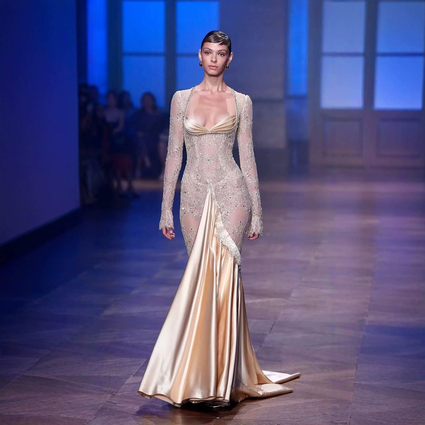 Luxury Champagne Long Sleeves Beaded Satin Mermaid Evening Dress LA73881 – SERENE HILL
