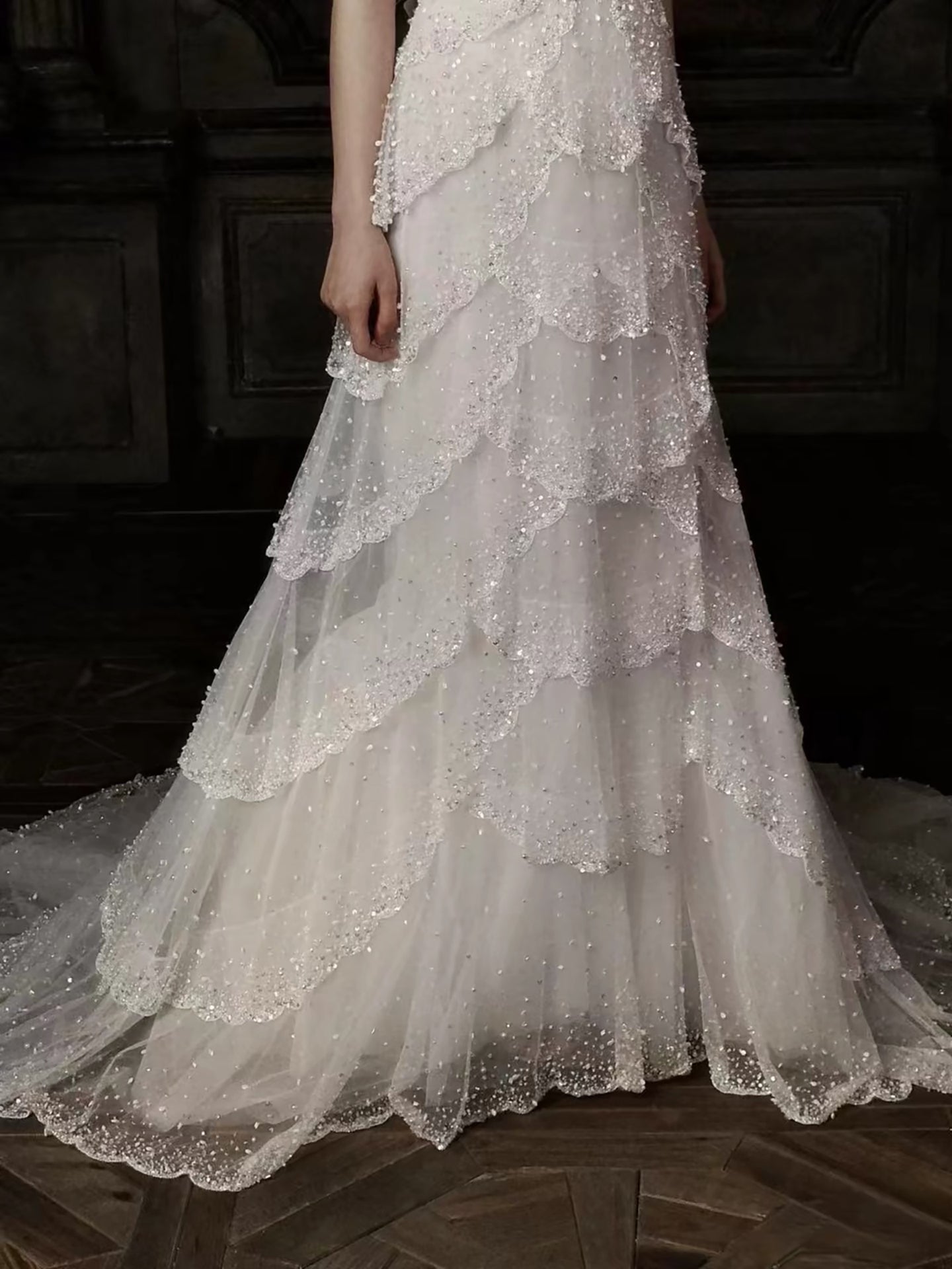 Luxury White Strapless Beaded Tiered Mermaid Wedding Dress LA73883 SERENE HILL