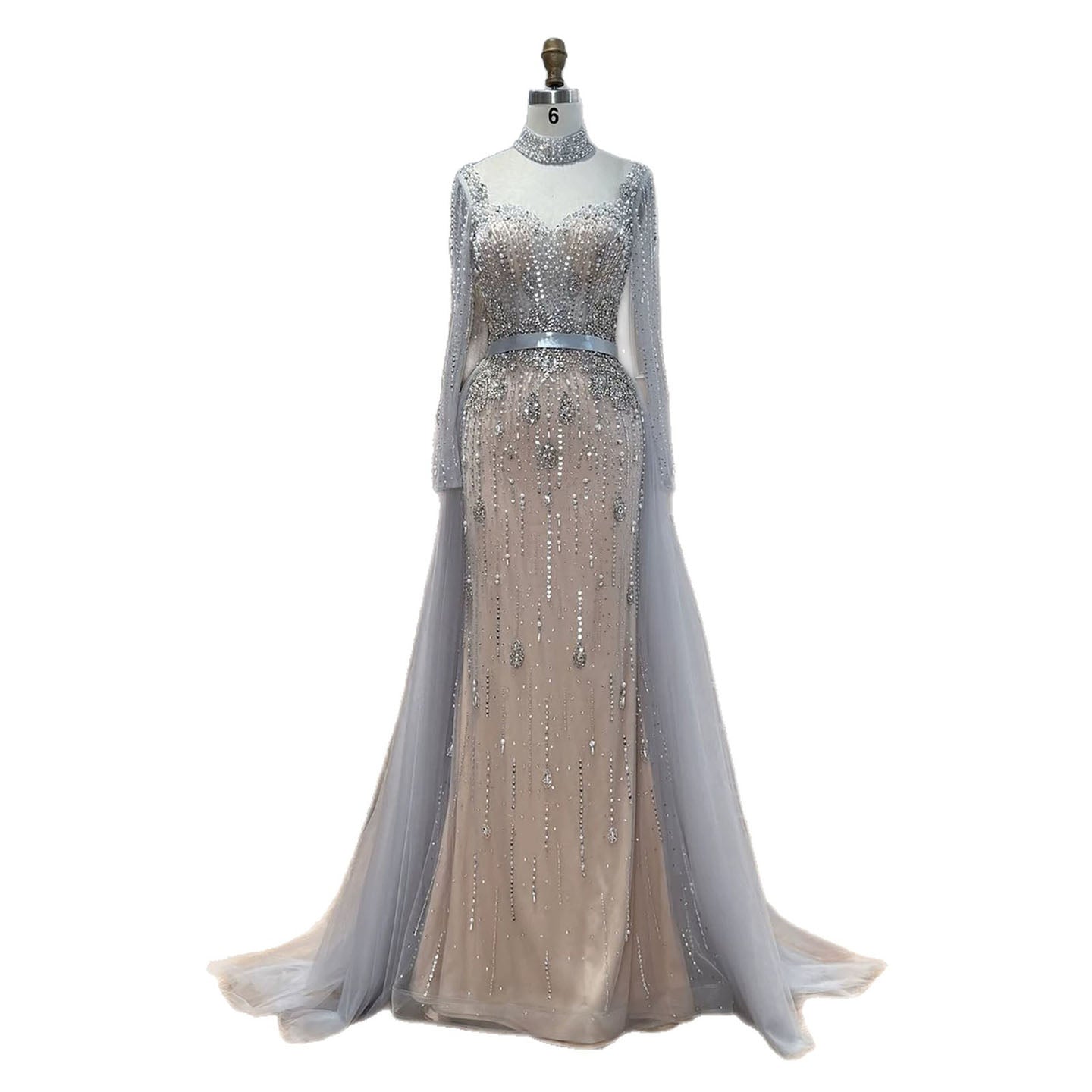 Luxury Gray Nude Pearls Beaded Mermaid Evening Dress Overskirt LA73884 SERENE HILL