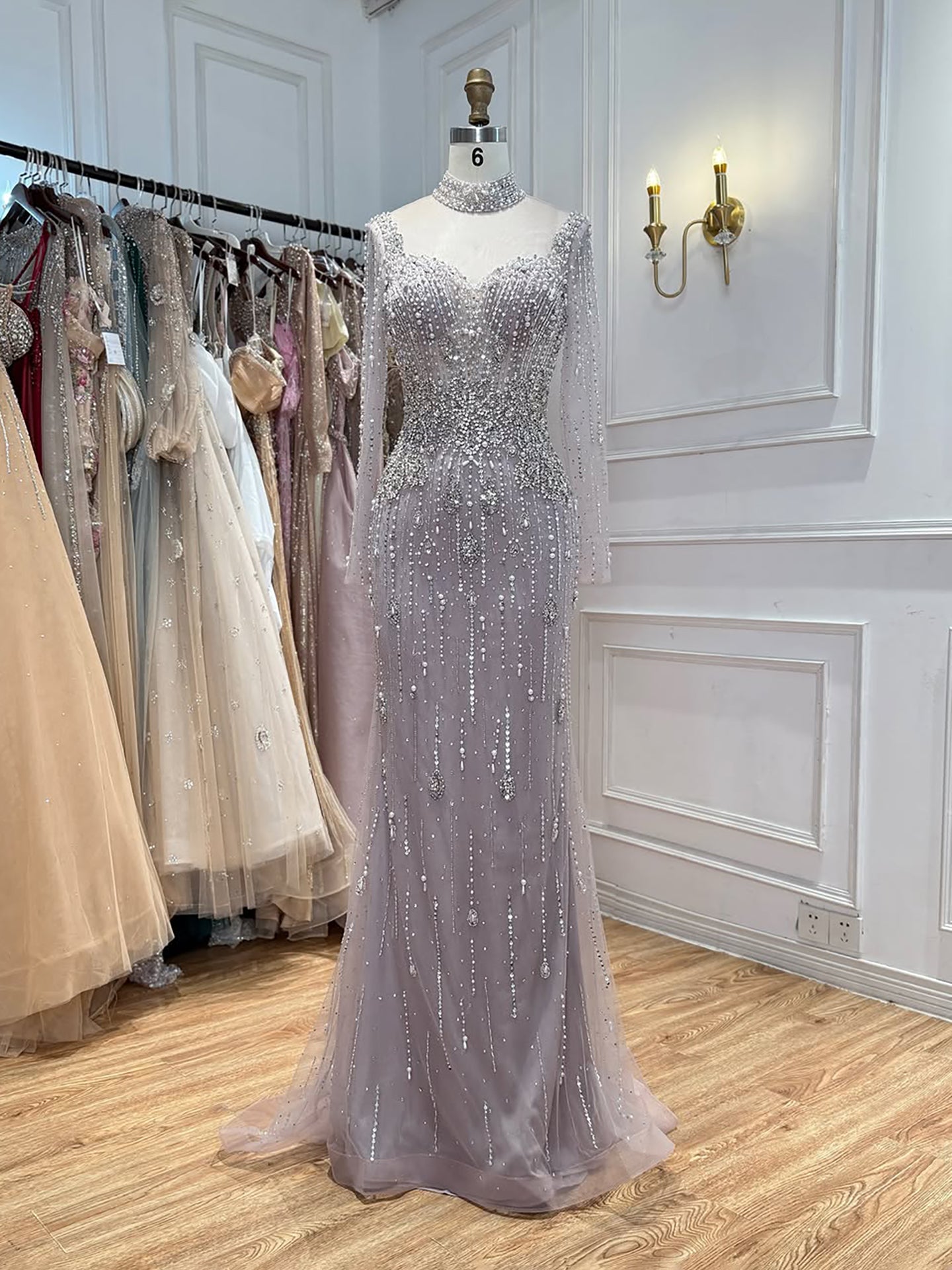 Luxury Gray Nude Pearls Beaded Mermaid Evening Dress Overskirt LA73884 SERENE HILL