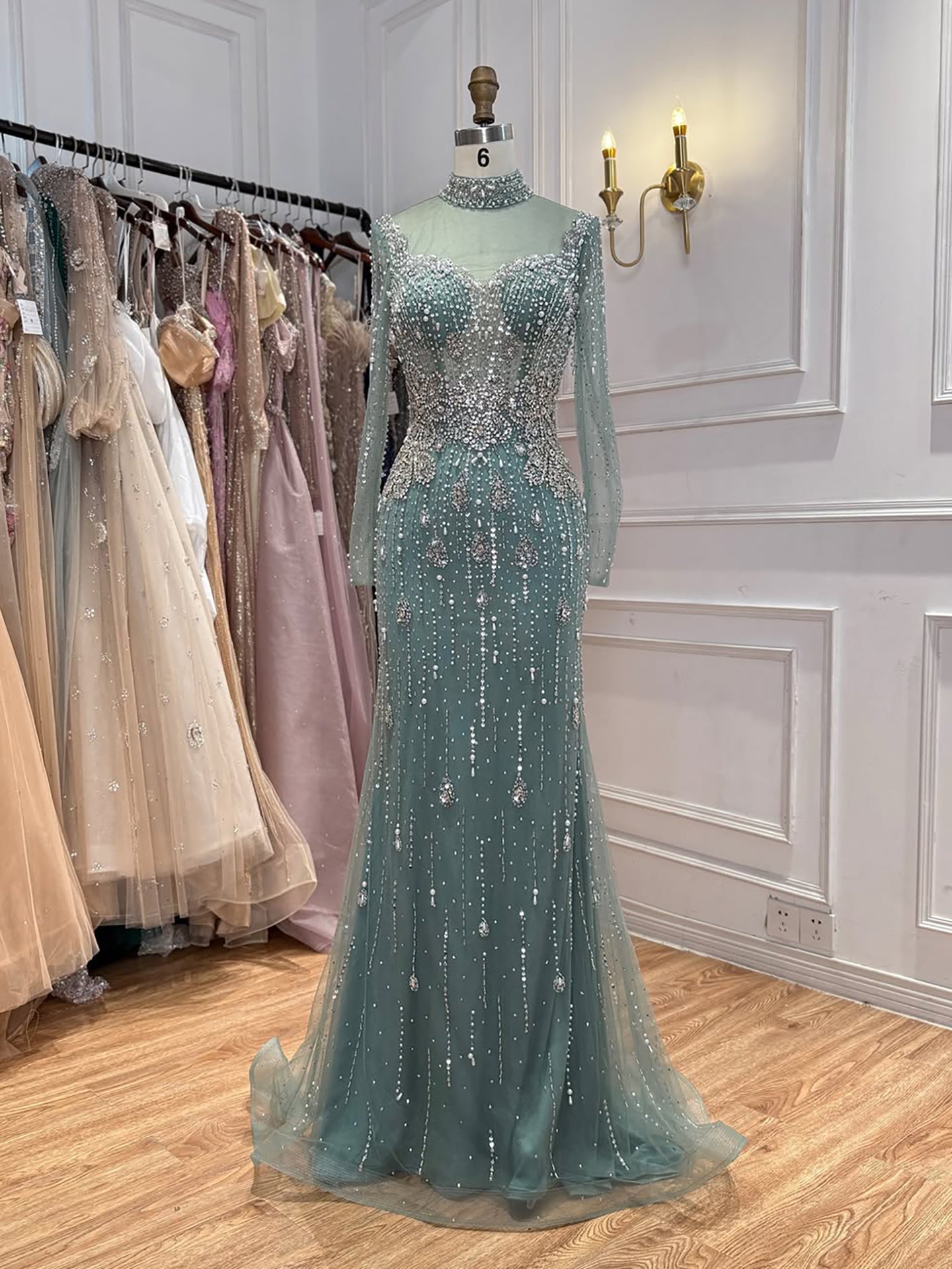 Luxury Gray Nude Pearls Beaded Mermaid Evening Dress Overskirt LA73884 SERENE HILL