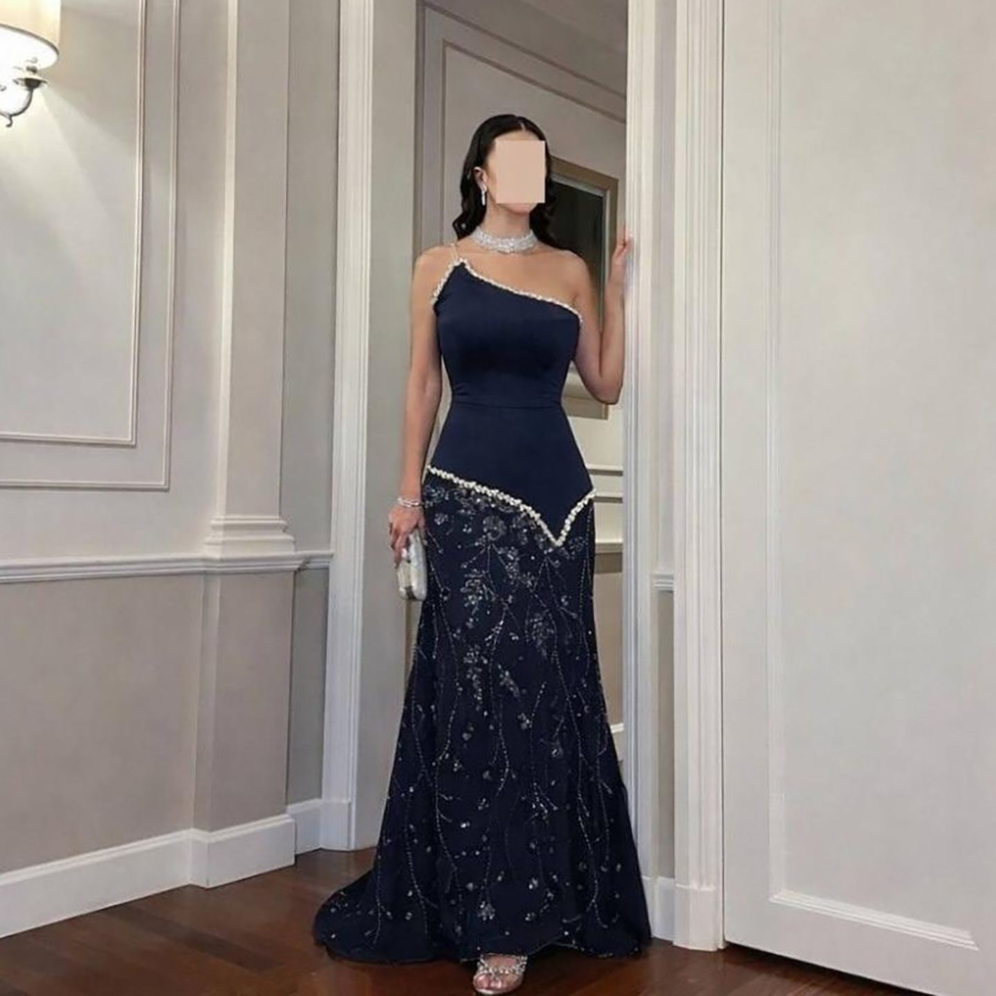 Luxury Navy Blue One Shoulder Pearl Beaded Mermaid Evening Dress LA73888 – SERENE HILL