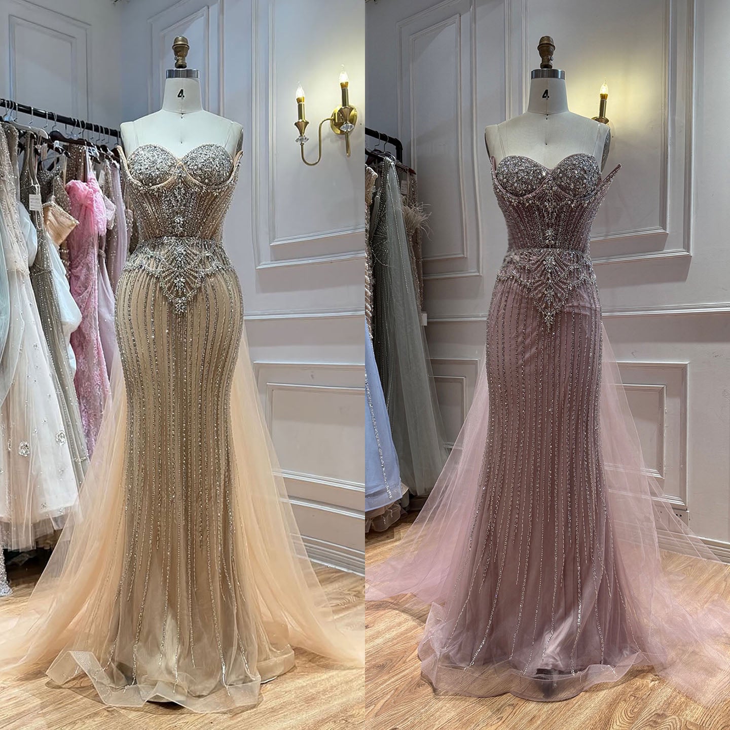 Luxury Nude Crystal Beaded Mermaid Dress With Overskirt LA73891 SERENE HILL