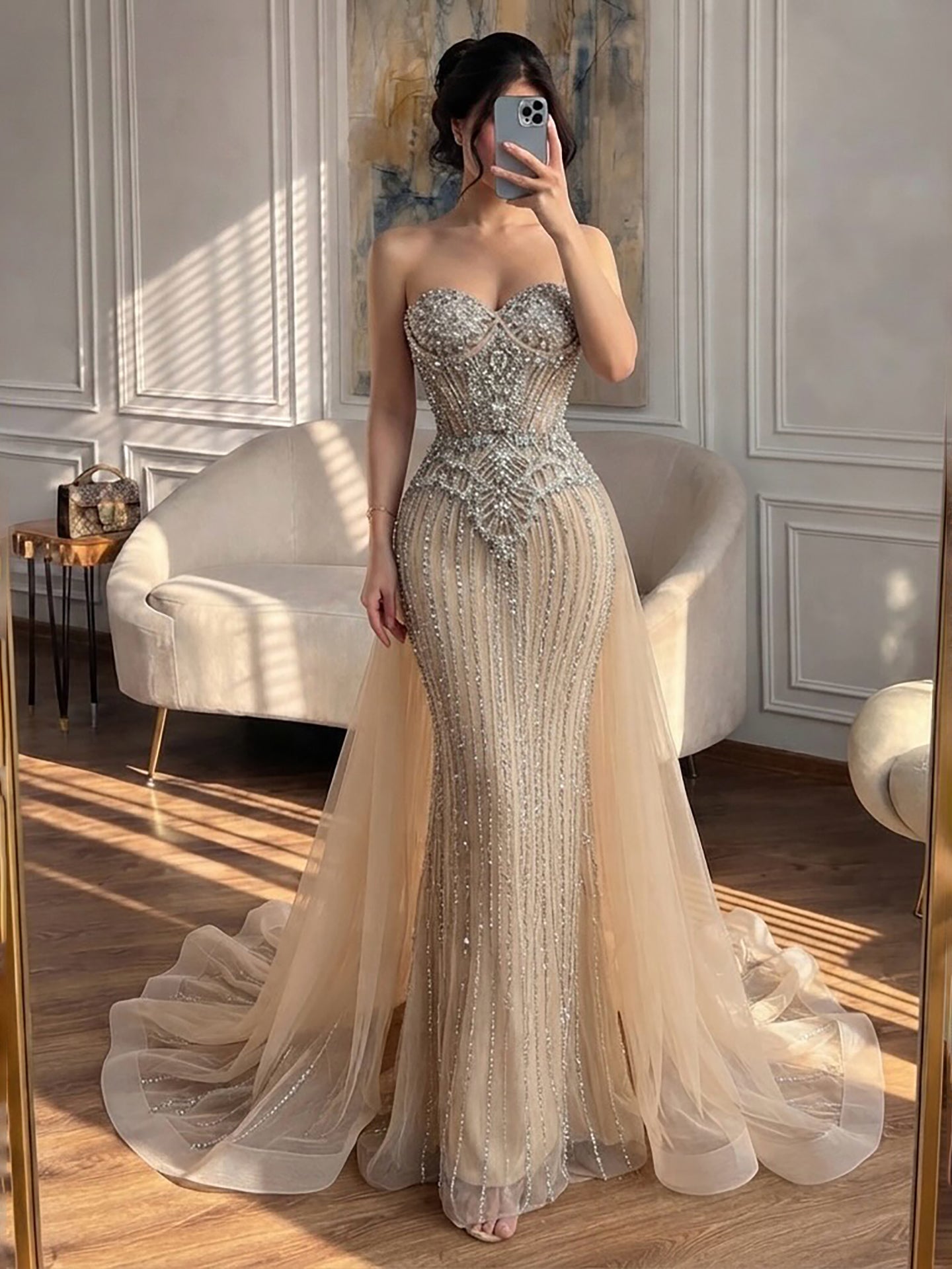 Luxury Nude Crystal Beaded Mermaid Dress With Overskirt LA73891 SERENE HILL