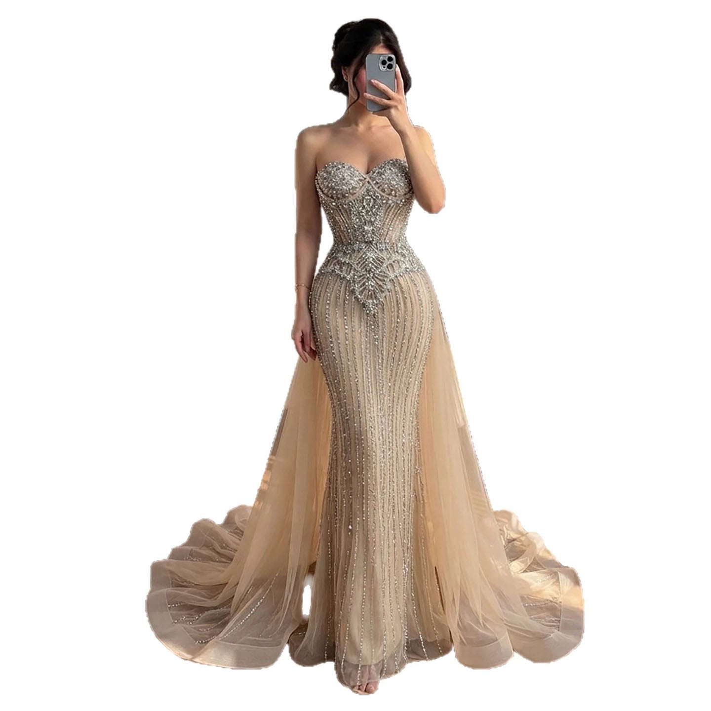 Luxury Nude Crystal Beaded Mermaid Dress With Overskirt LA73891 SERENE HILL