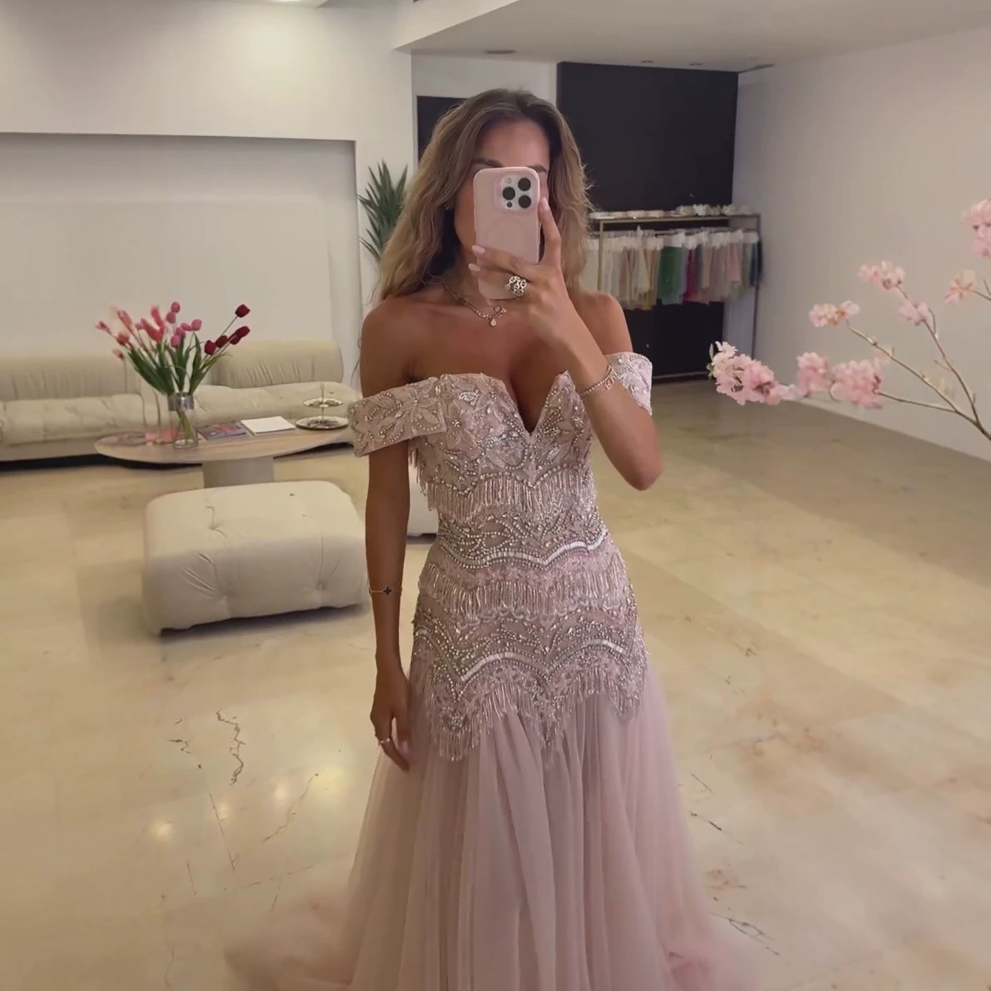 Luxury Pink Off the Shoulder Beaded Tassel A Line Evening Dress LA73894