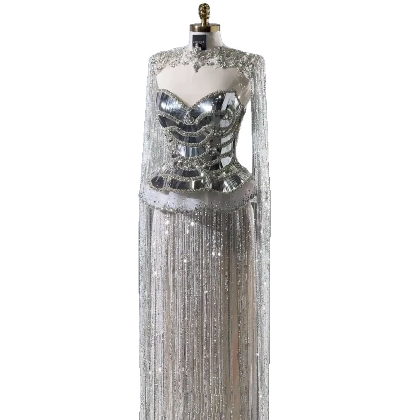 Luxury Silver High Neck Beaded Tassel Cape Evening Dress LA73896 SERENE HILL