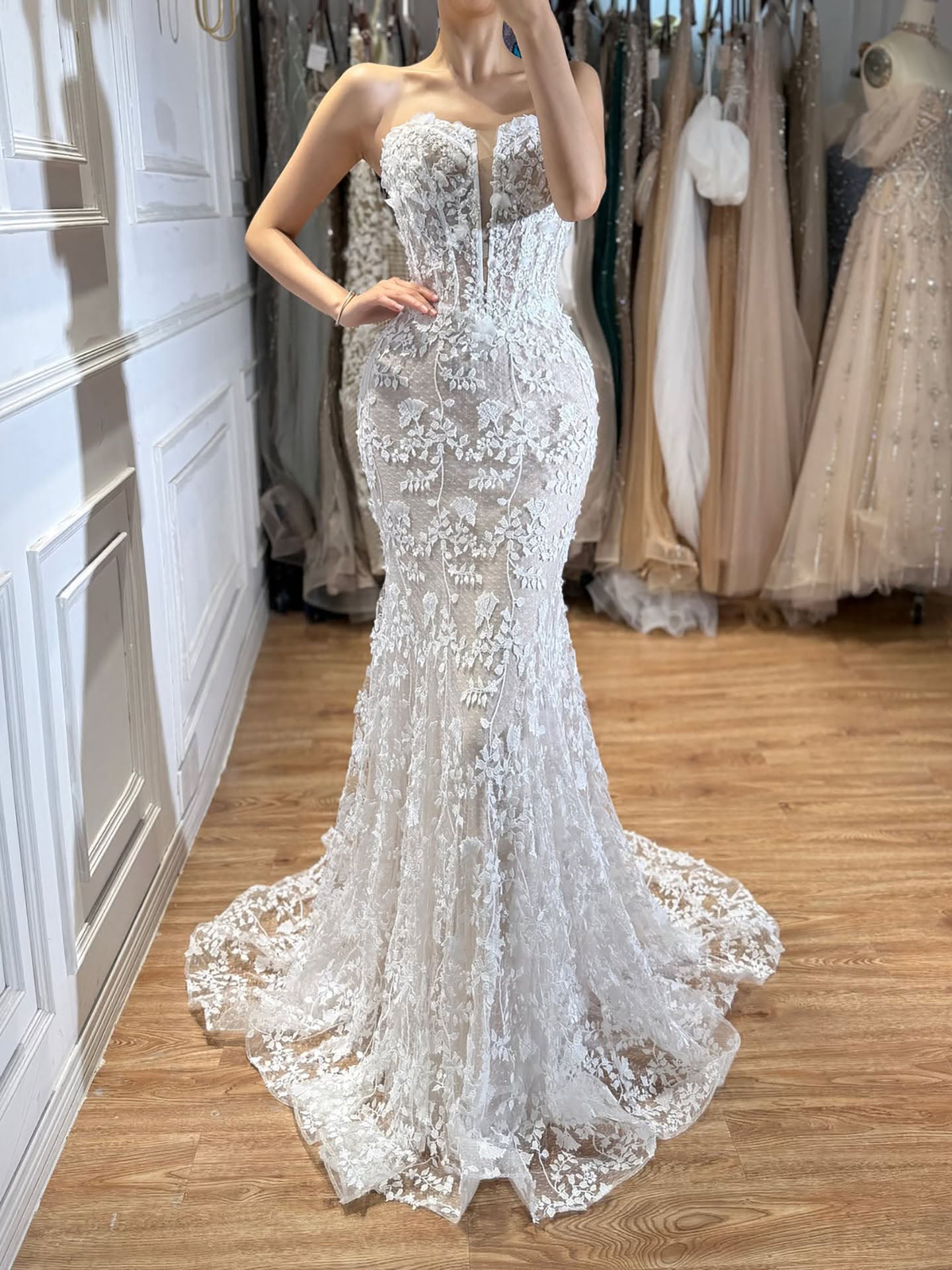 Luxury White Beaded Floral Lace Appliques Mermaid Wedding Dress LA73900 SERENE HILL