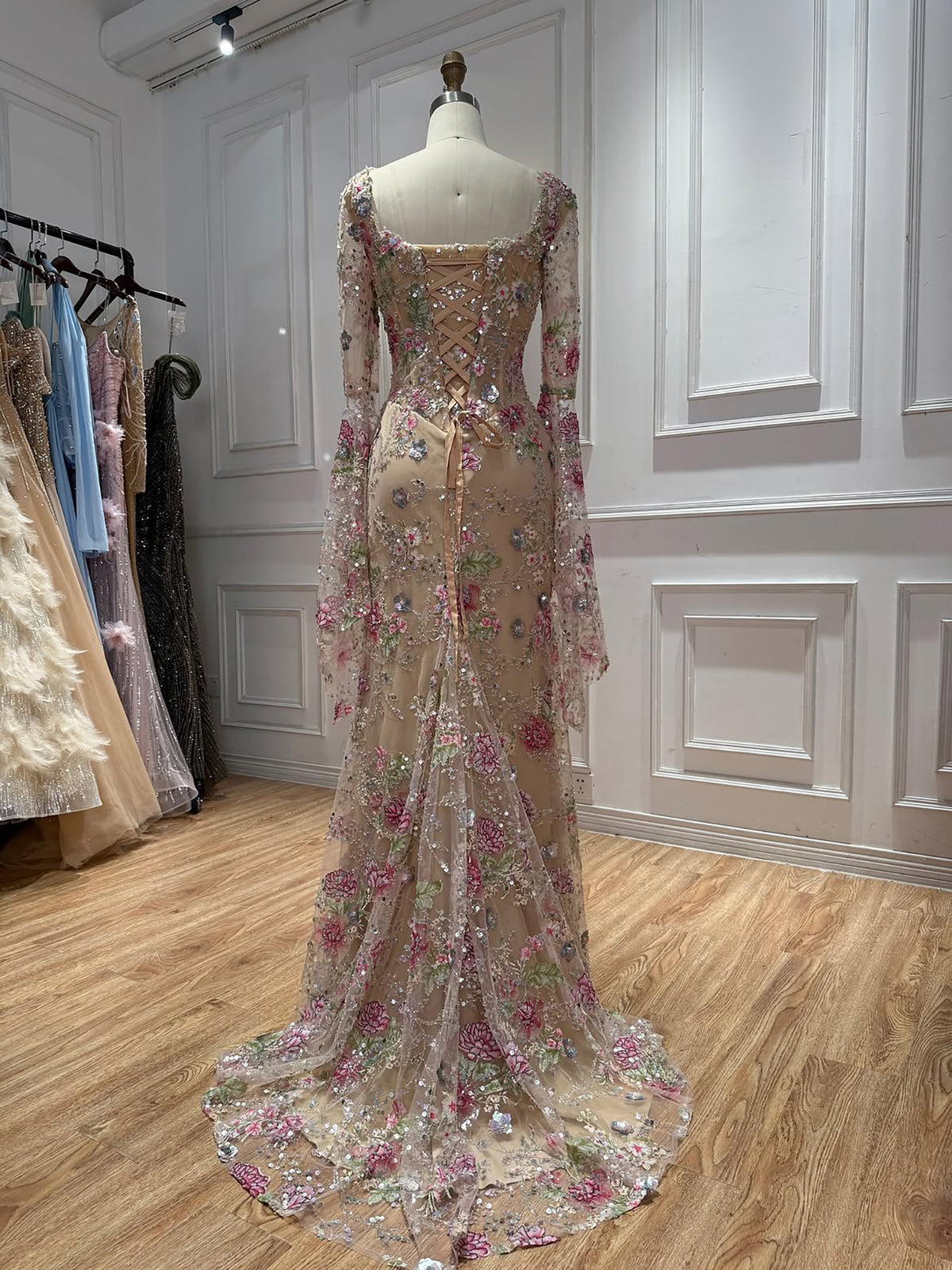 Luxury Modest Pink Floral Embroidered Bell Sleeves Mermaid Dress LA73905