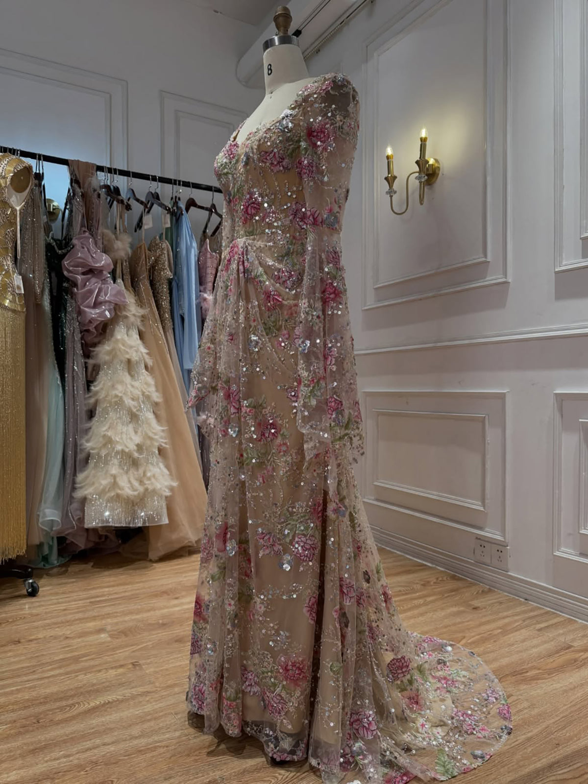Luxury Modest Pink Floral Embroidered Bell Sleeves Mermaid Dress LA73905
