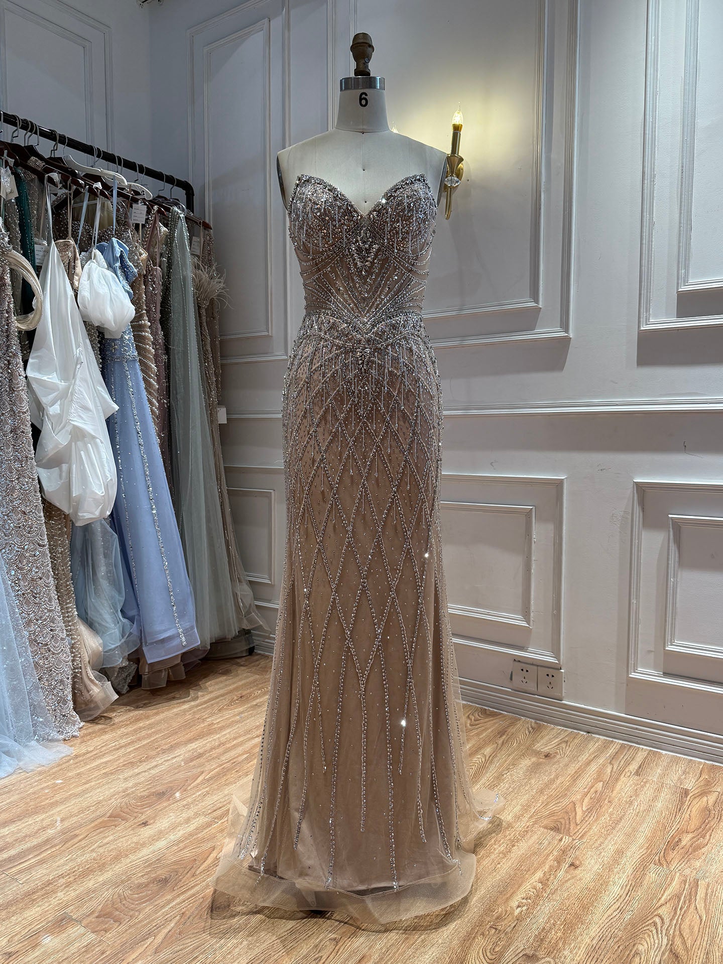 Luxury Nude High Neck Crystal Beaded Cape Sleeves Mermaid Dress LA73908 SERENE HILL