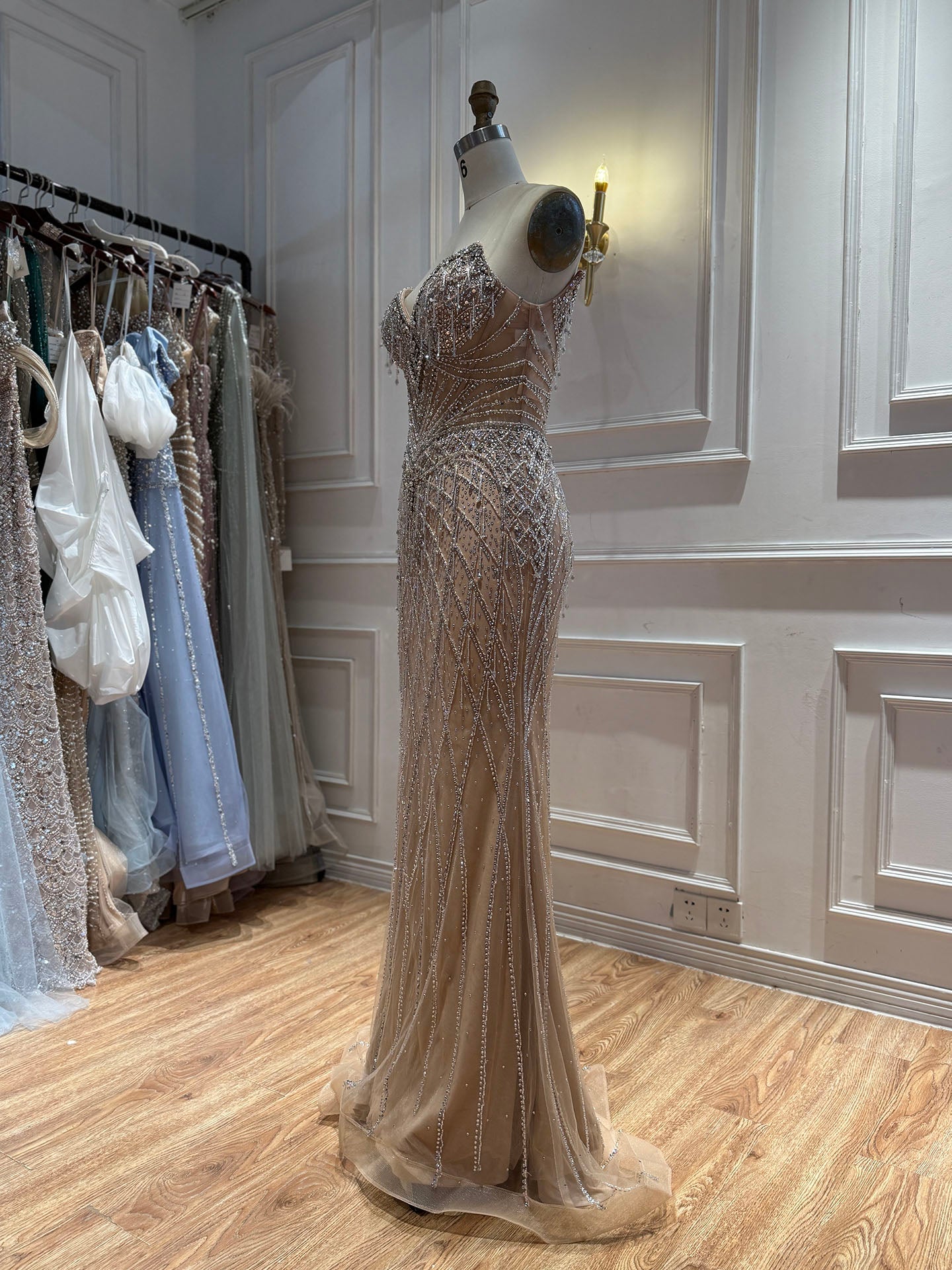 Luxury Nude High Neck Crystal Beaded Cape Sleeves Mermaid Dress LA73908 SERENE HILL