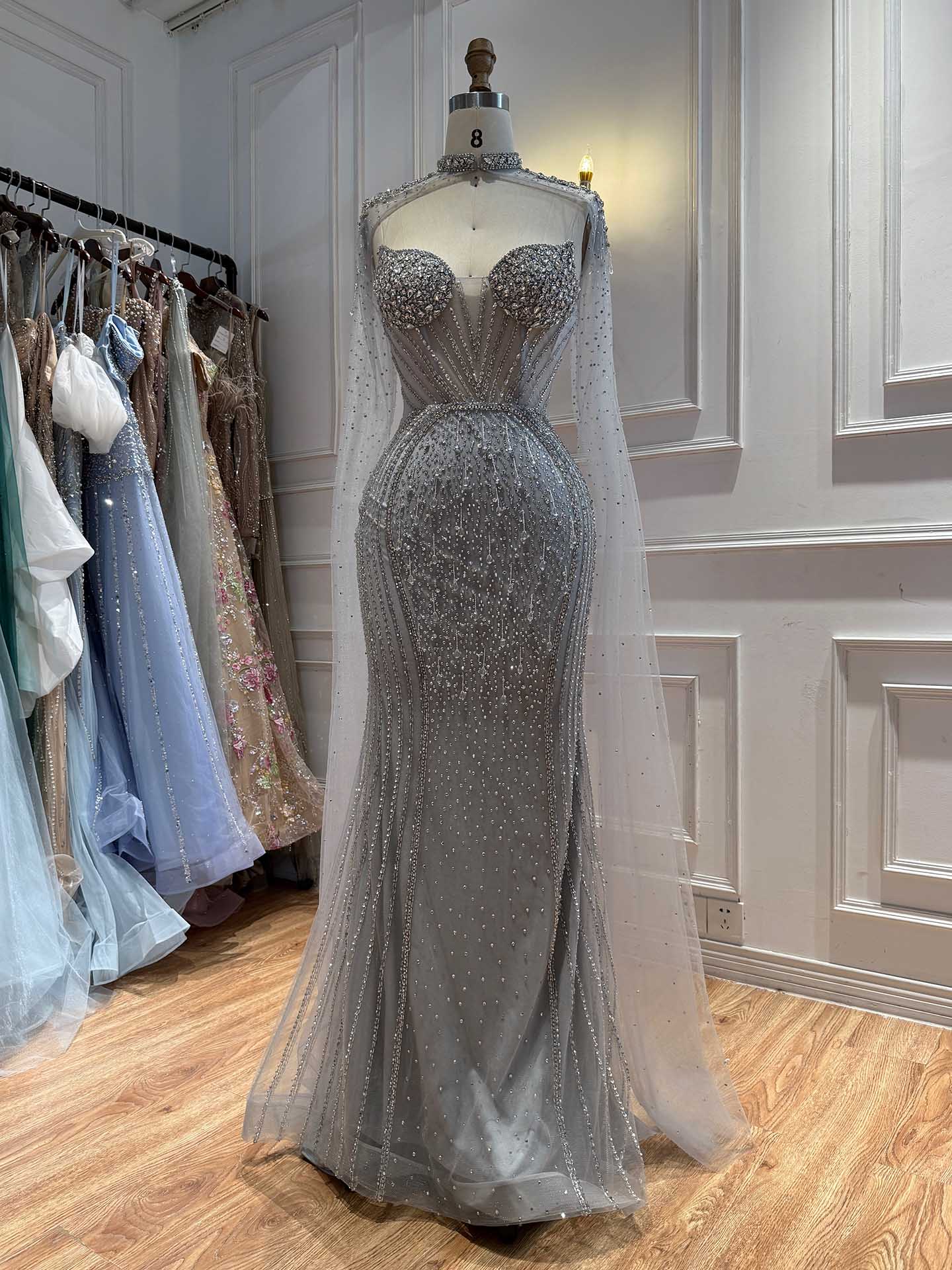 Luxury Nude High Neck Crystal Beaded Mermaid Cape Sleeves LA73911 SERENE HILL