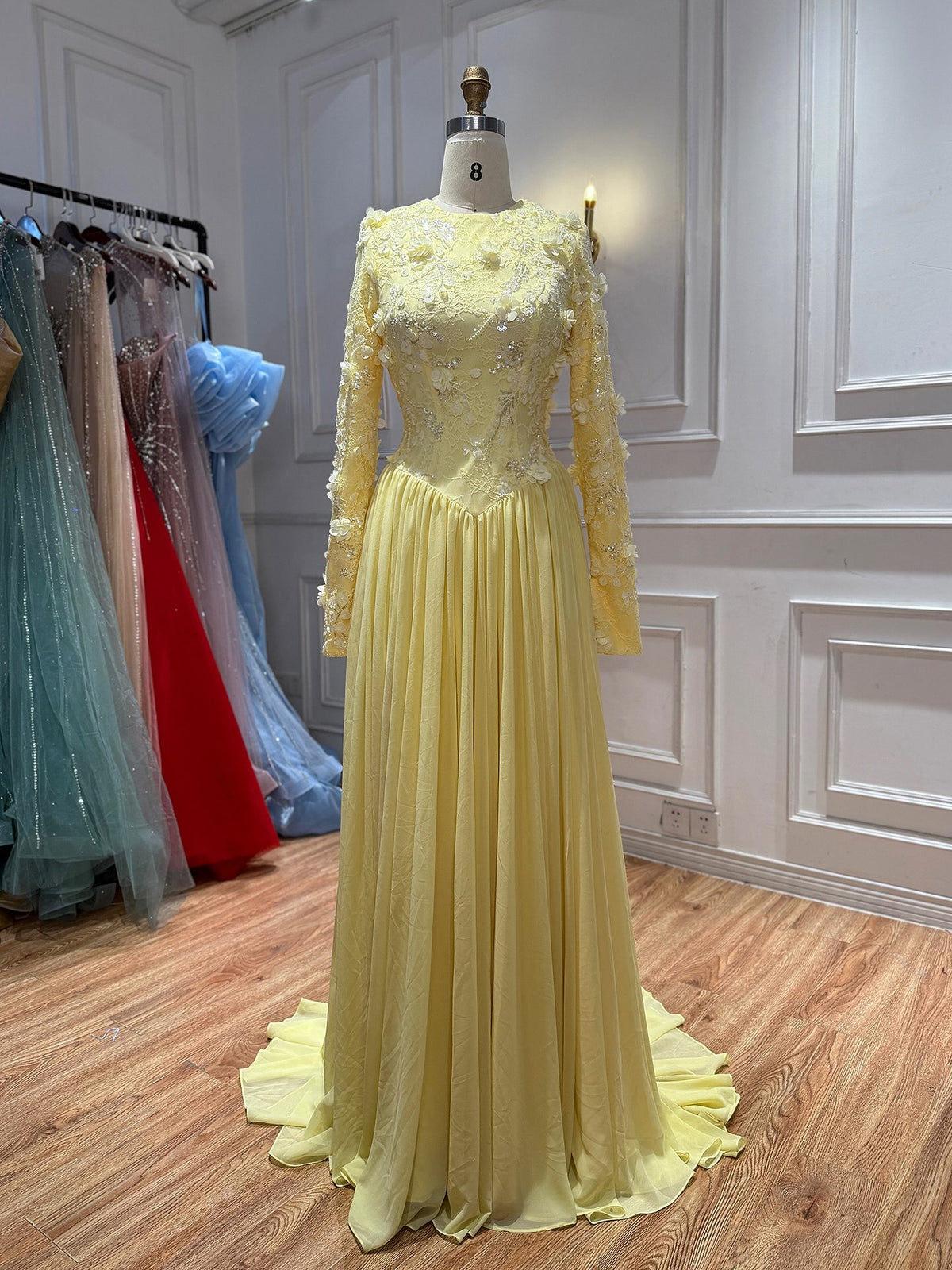 Luxury Yellow Muslim 3D Floral Beaded A Line Evening Dress LA73911