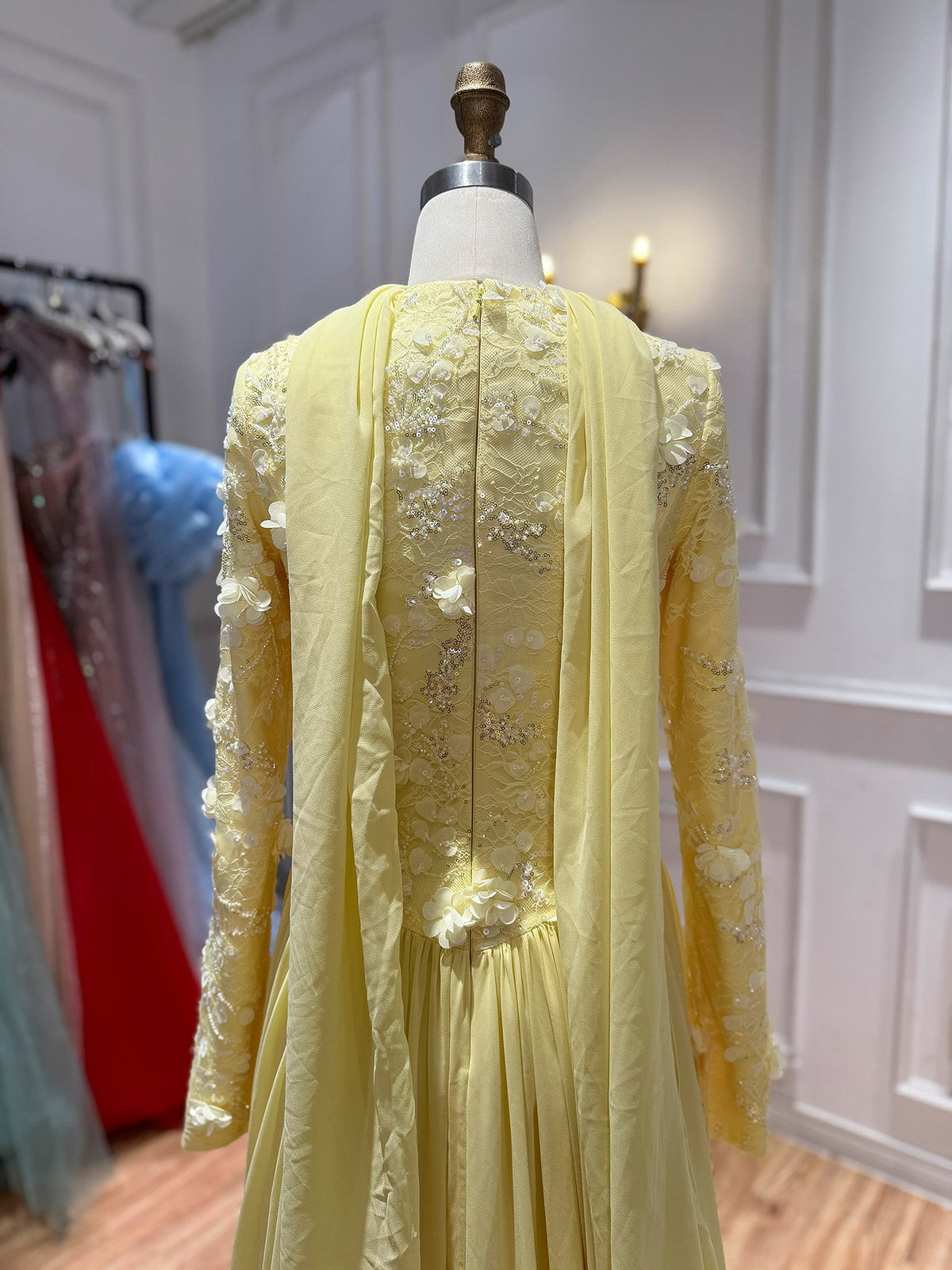 Luxury Yellow Muslim 3D Floral Beaded A Line Evening Dress LA73911
