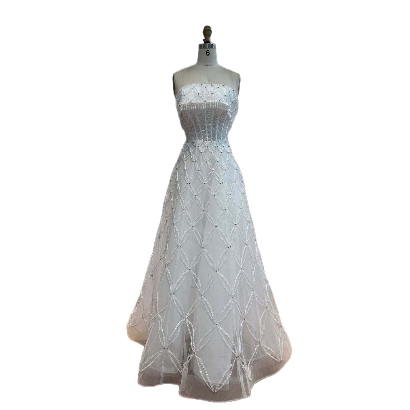 Luxury White Strapless Tassel Beaded A Line Wedding Dress LA73912