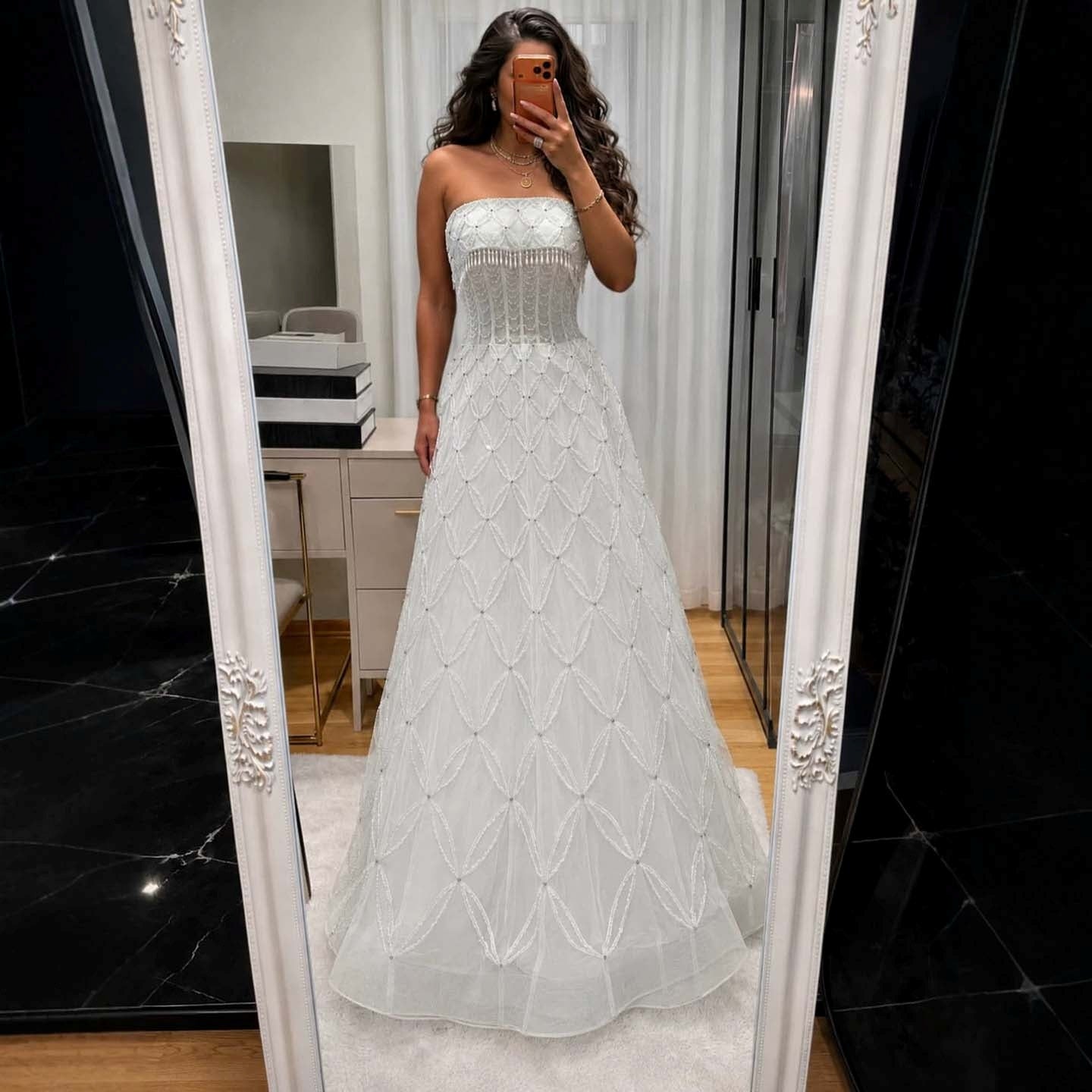 Luxury White Strapless Tassel Beaded A Line Wedding Dress LA73912