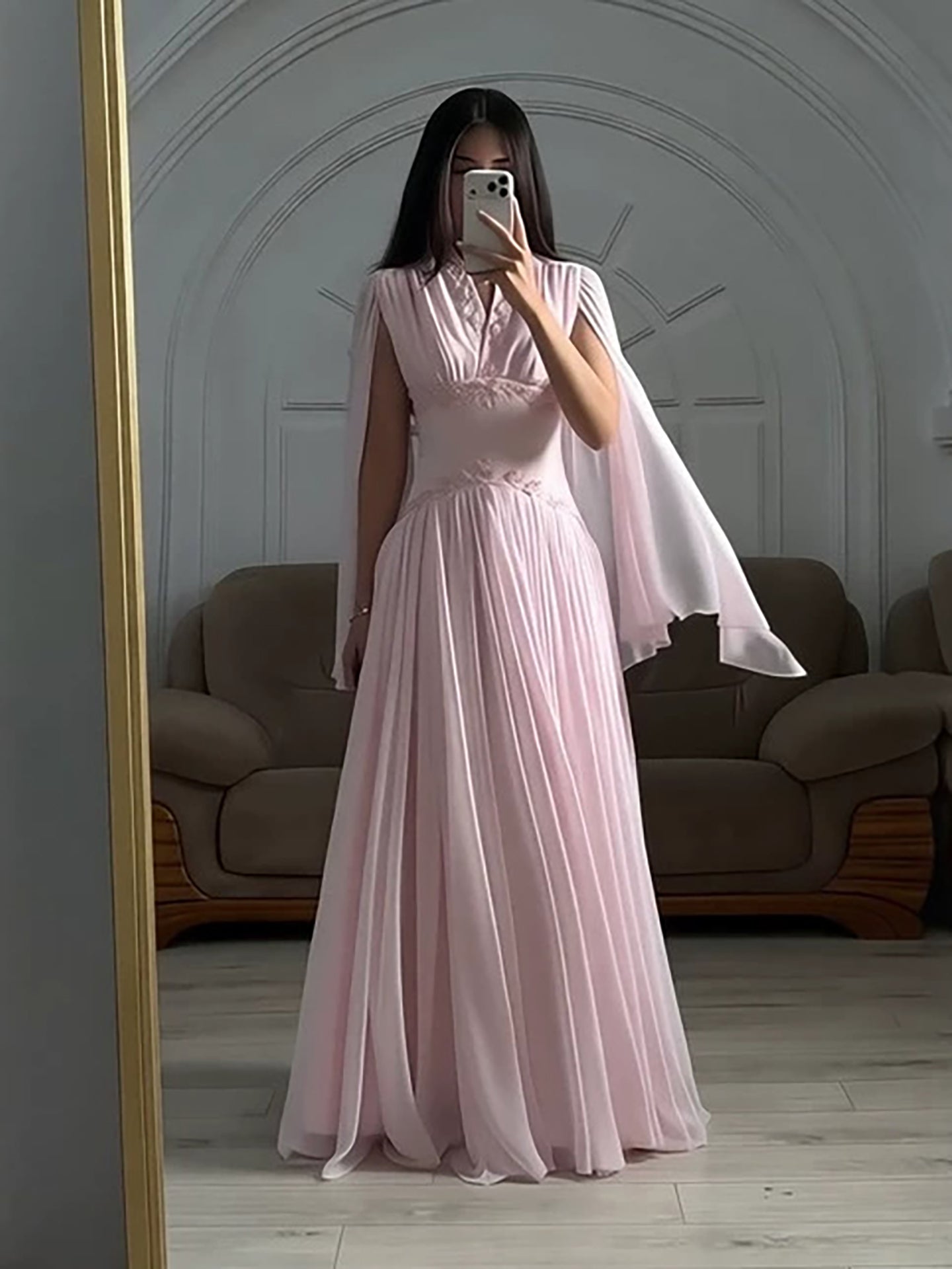 Luxury Pink Beaded Chiffon A Line Dress Cape Sleeves LA73921 SERENE HILL