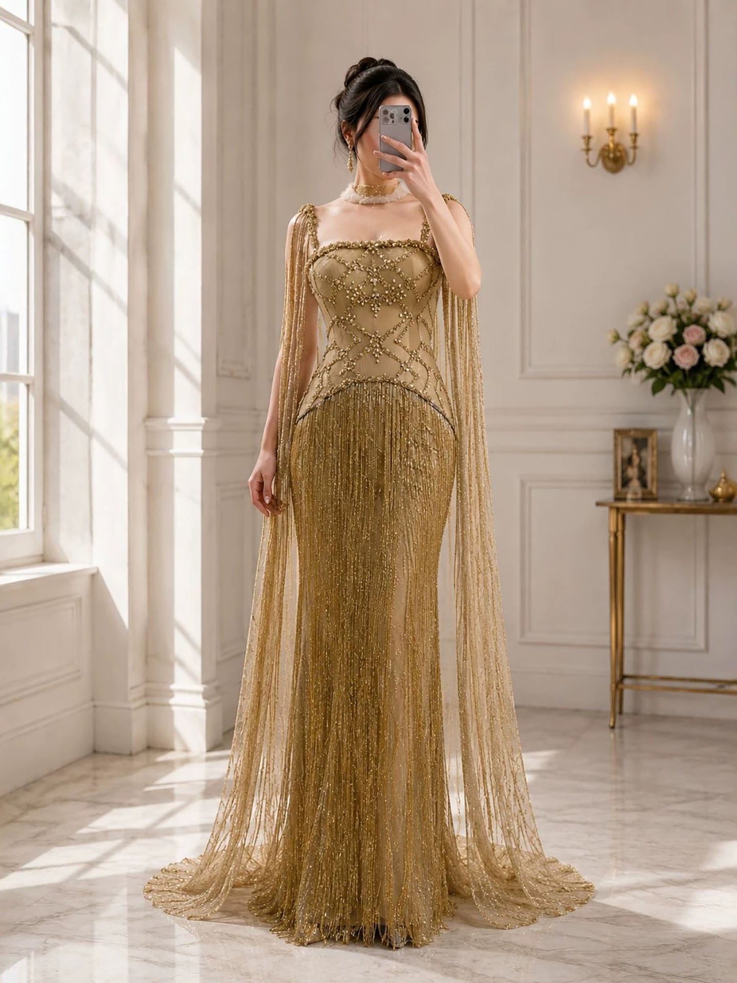 Luxury Gold Spaghetti Straps Shoulder Tassel Beaded Mermaid Dress LA73931 SERENE HILL