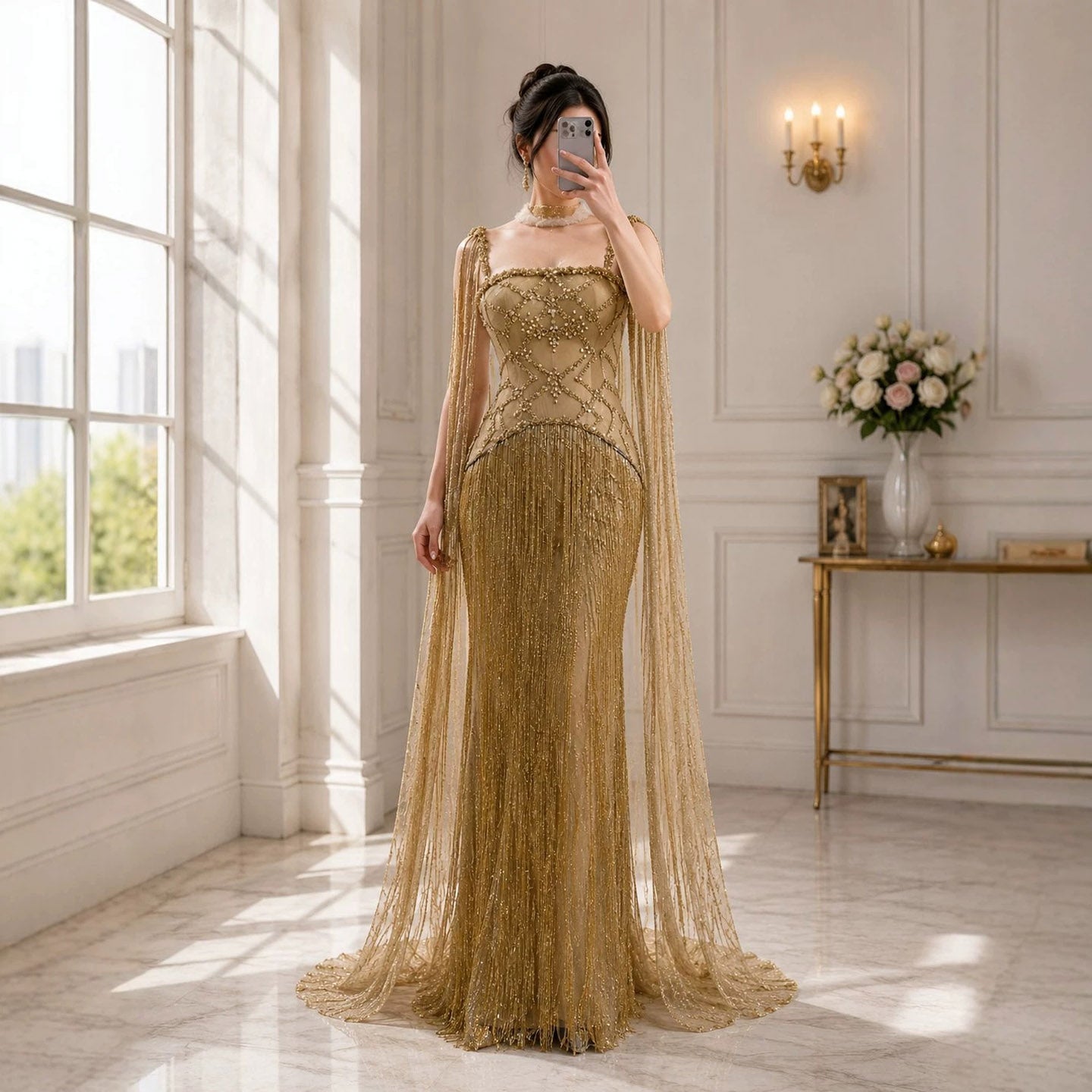 Luxury Gold Spaghetti Straps Shoulder Tassel Beaded Mermaid Dress LA73931 SERENE HILL