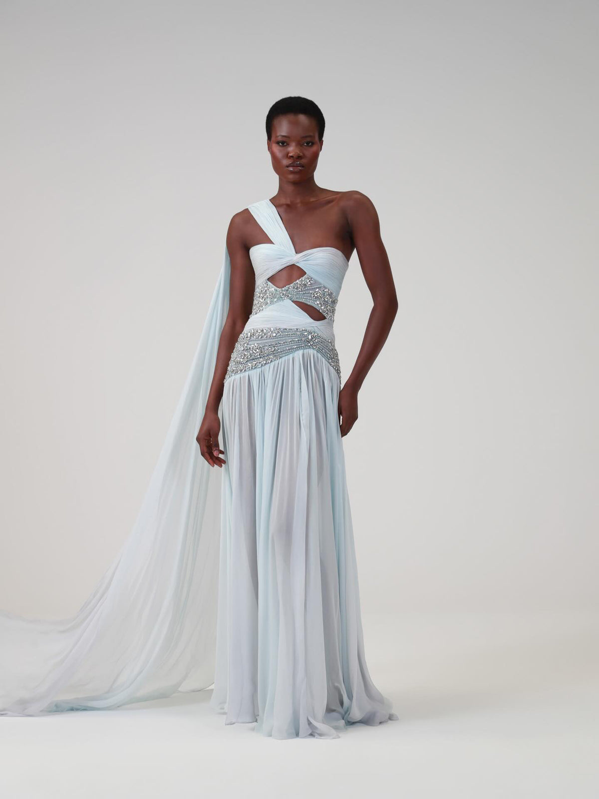 Luxury Blue One-Shoulder Cutout Crystal Beaded Evening Dress LA73933