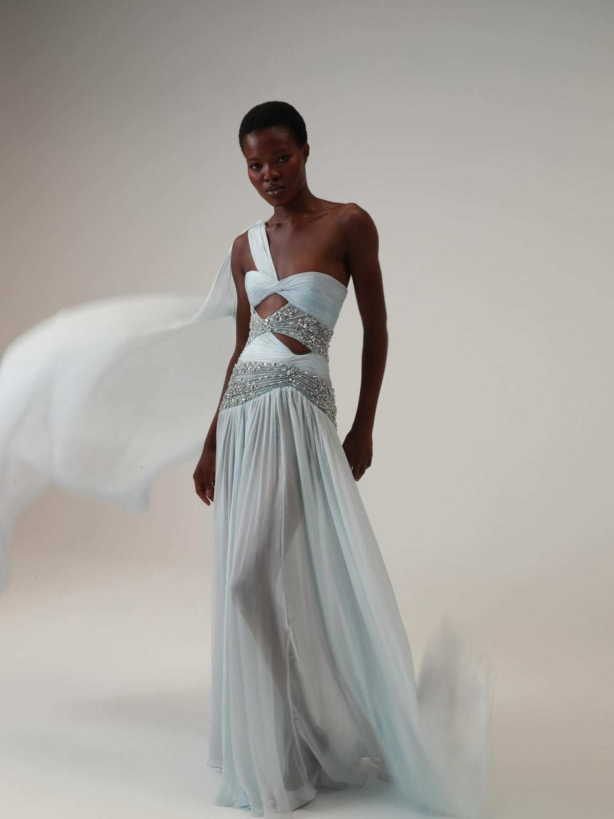 Luxury Blue One-Shoulder Cutout Crystal Beaded Evening Dress LA73933