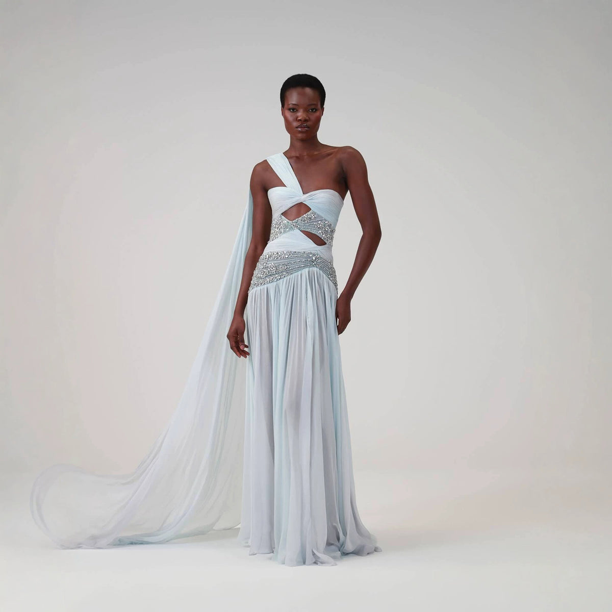 Luxury Blue One-Shoulder Cutout Crystal Beaded Evening Dress LA73933