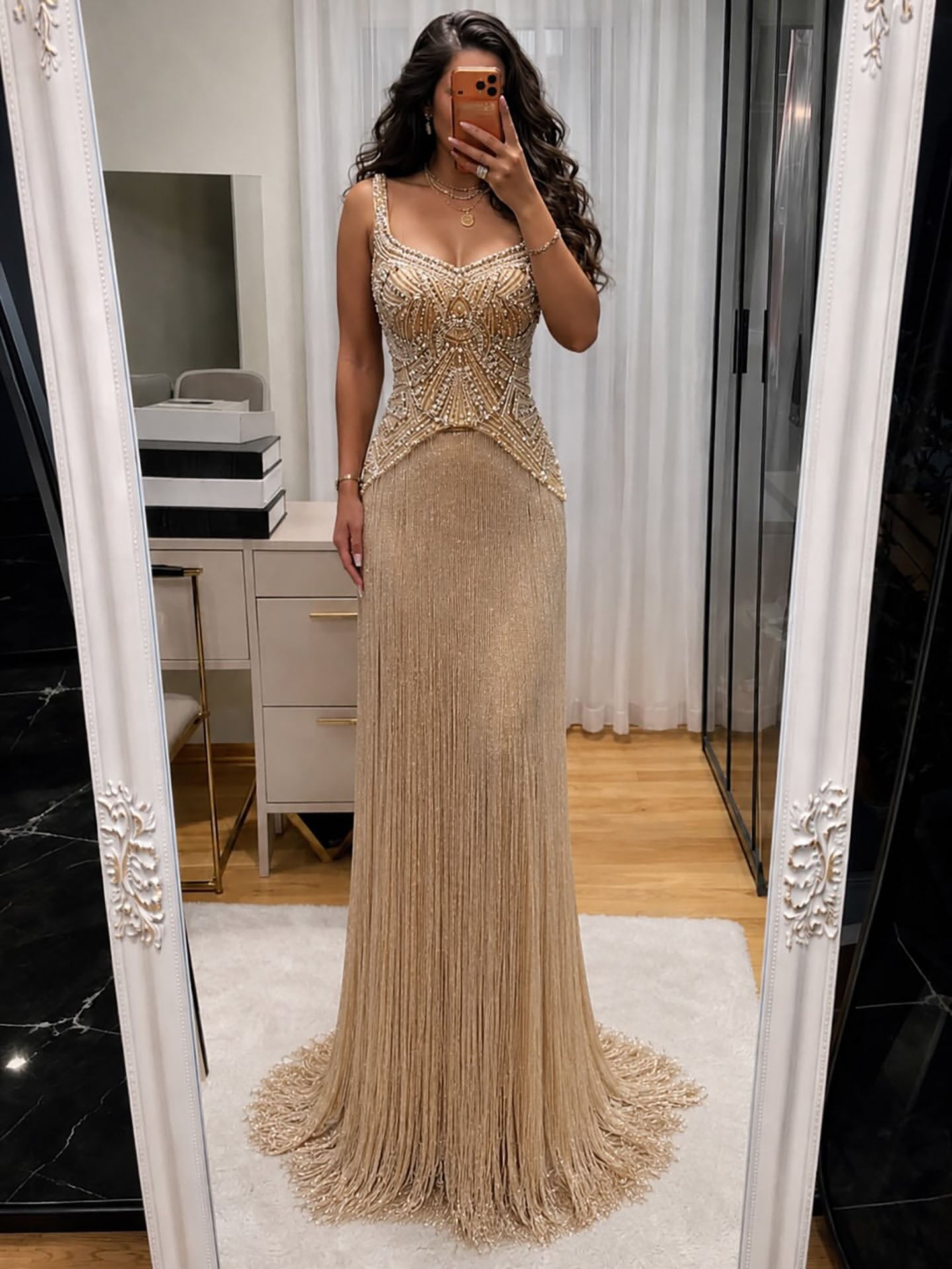 Luxury Silver Nude Sweetheart Wide Straps Tassel Evening Dress LA73938