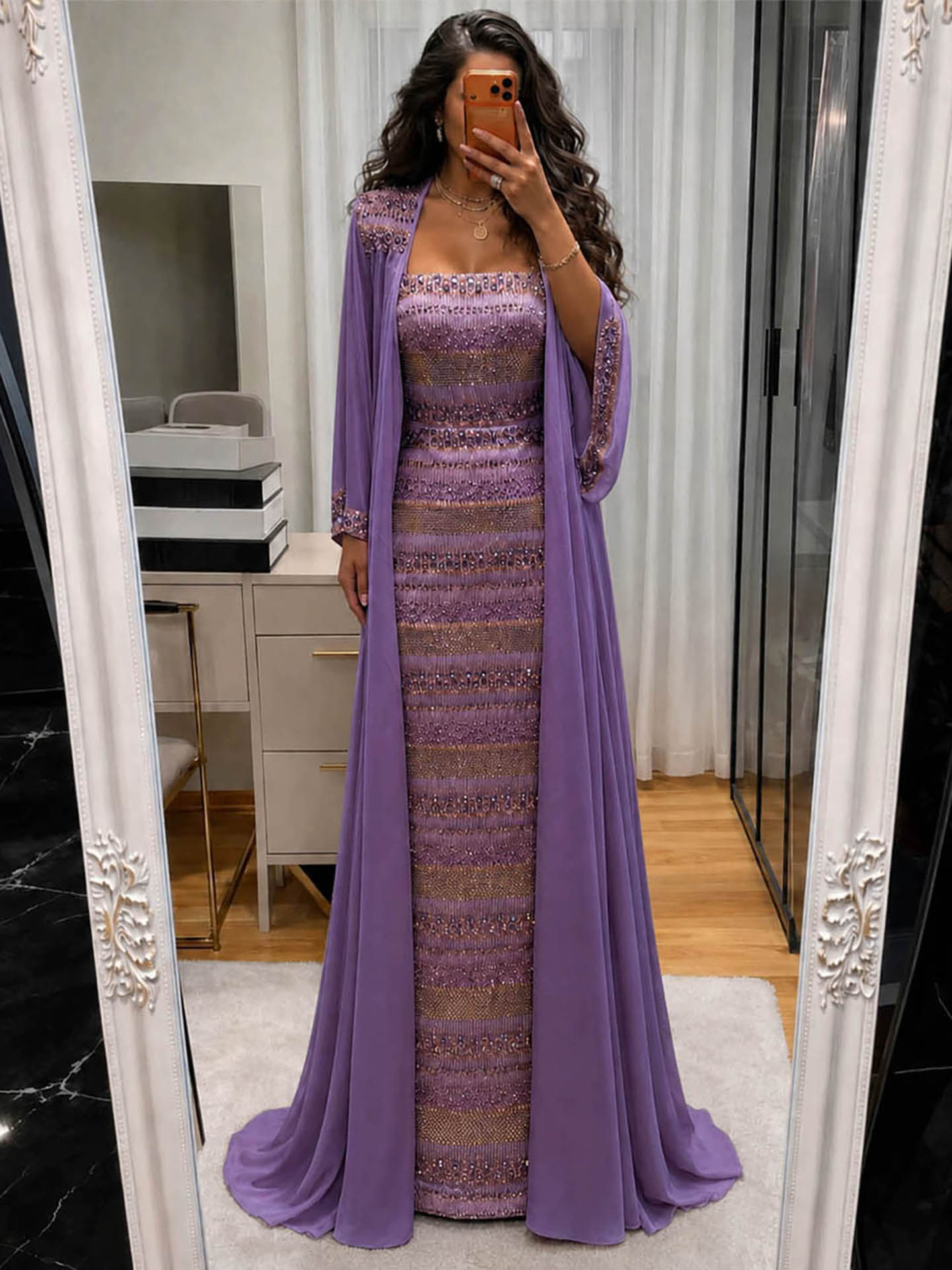 Luxury Nude Crystal Beaded Mermaid Evening Dress with Cape LA73941