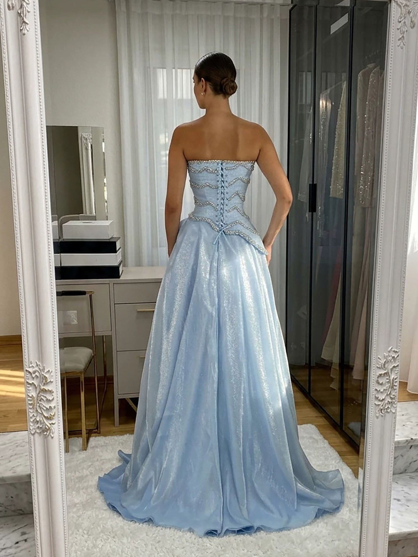 Luxury Light Blue Strapless Beaded Corset Evening Dress LA73944
