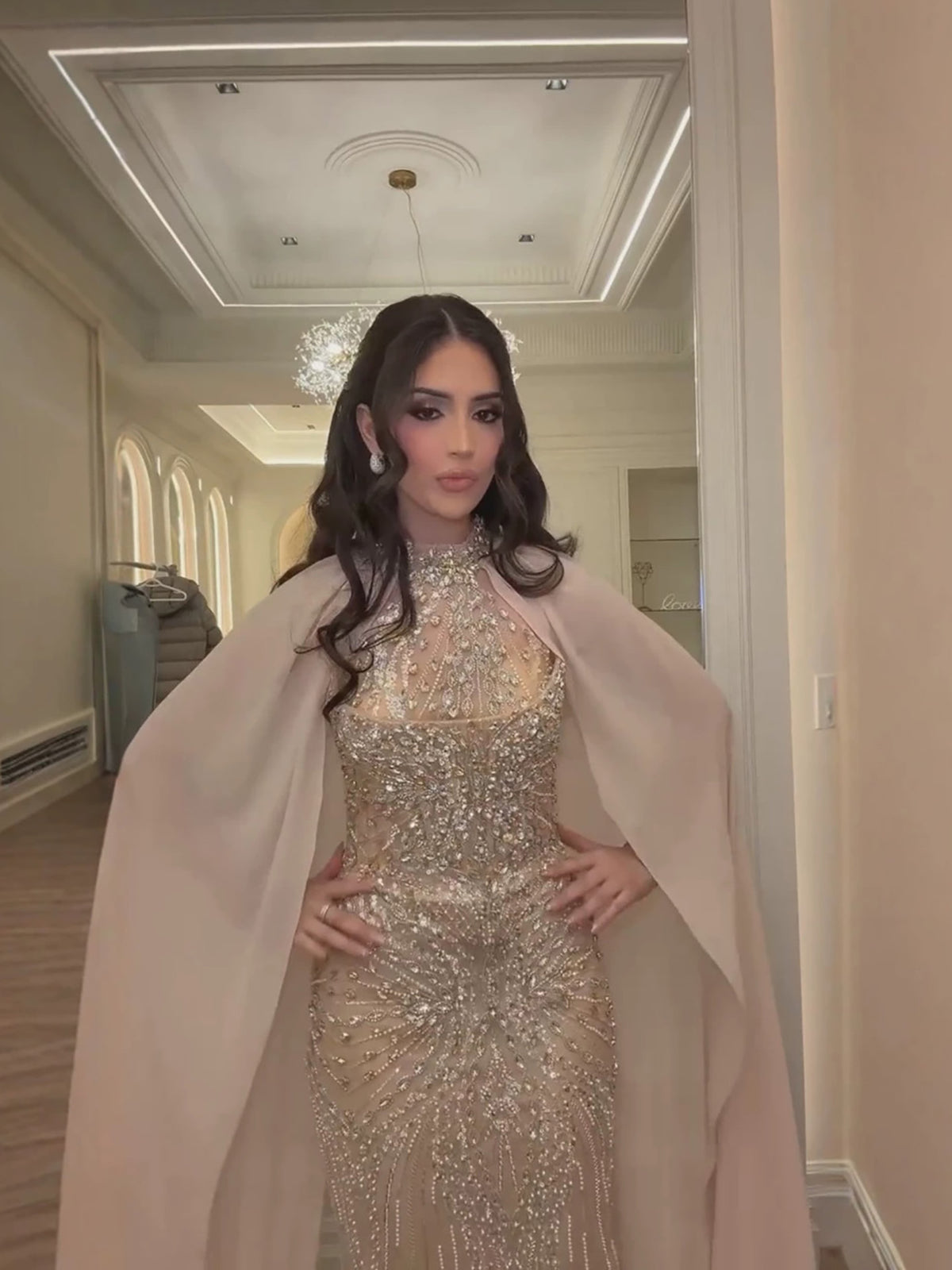 Luxury Nude Crystal Beaded Mermaid Evening Dress with Cape LA73945