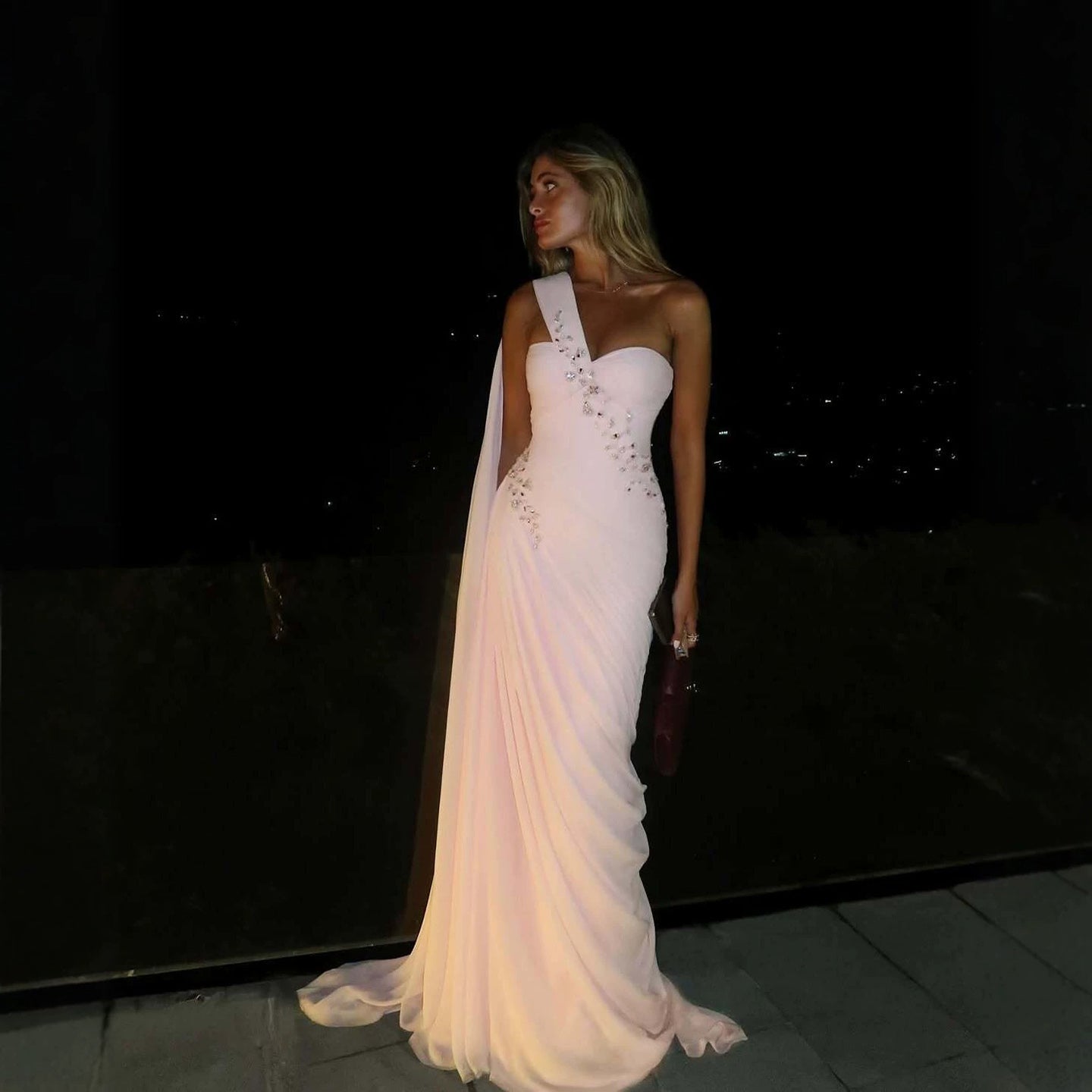 Luxury Pink One Shoulder Beaded Chiffon Evening Dress LA73946