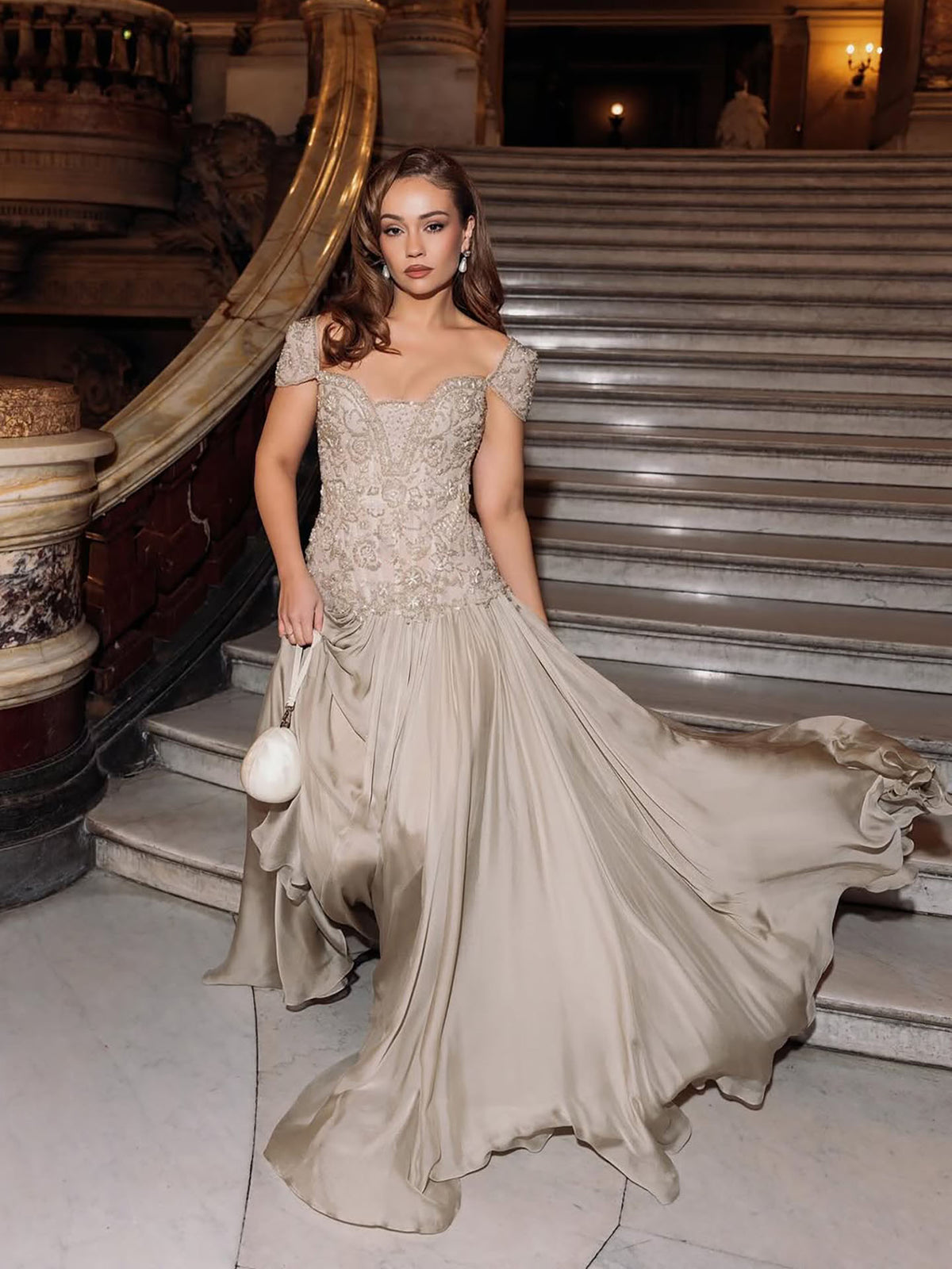 Luxury Caramel Beaded Cap Sleeve Chiffon A Line Evening Dress LA73947