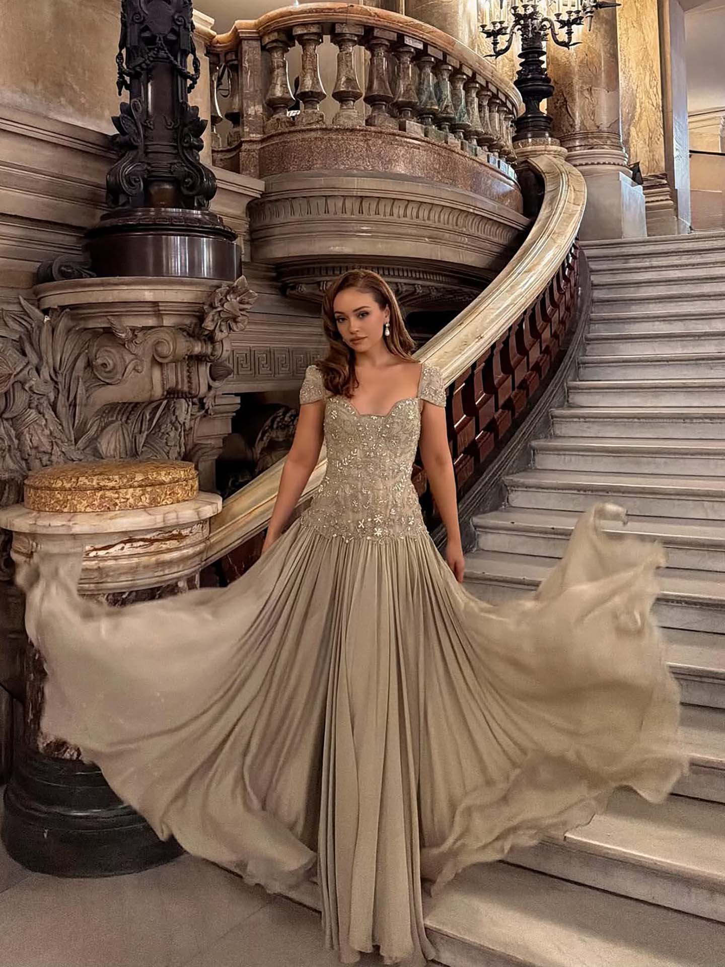 Luxury Caramel Beaded Cap Sleeve Chiffon A Line Evening Dress LA73947