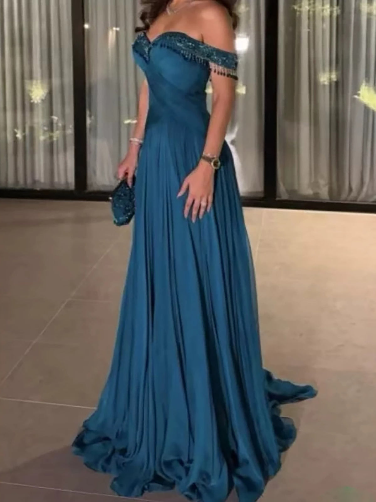 Luxury Green Off Shoulder Beaded Tassel Chiffon Evening Dress LA73950