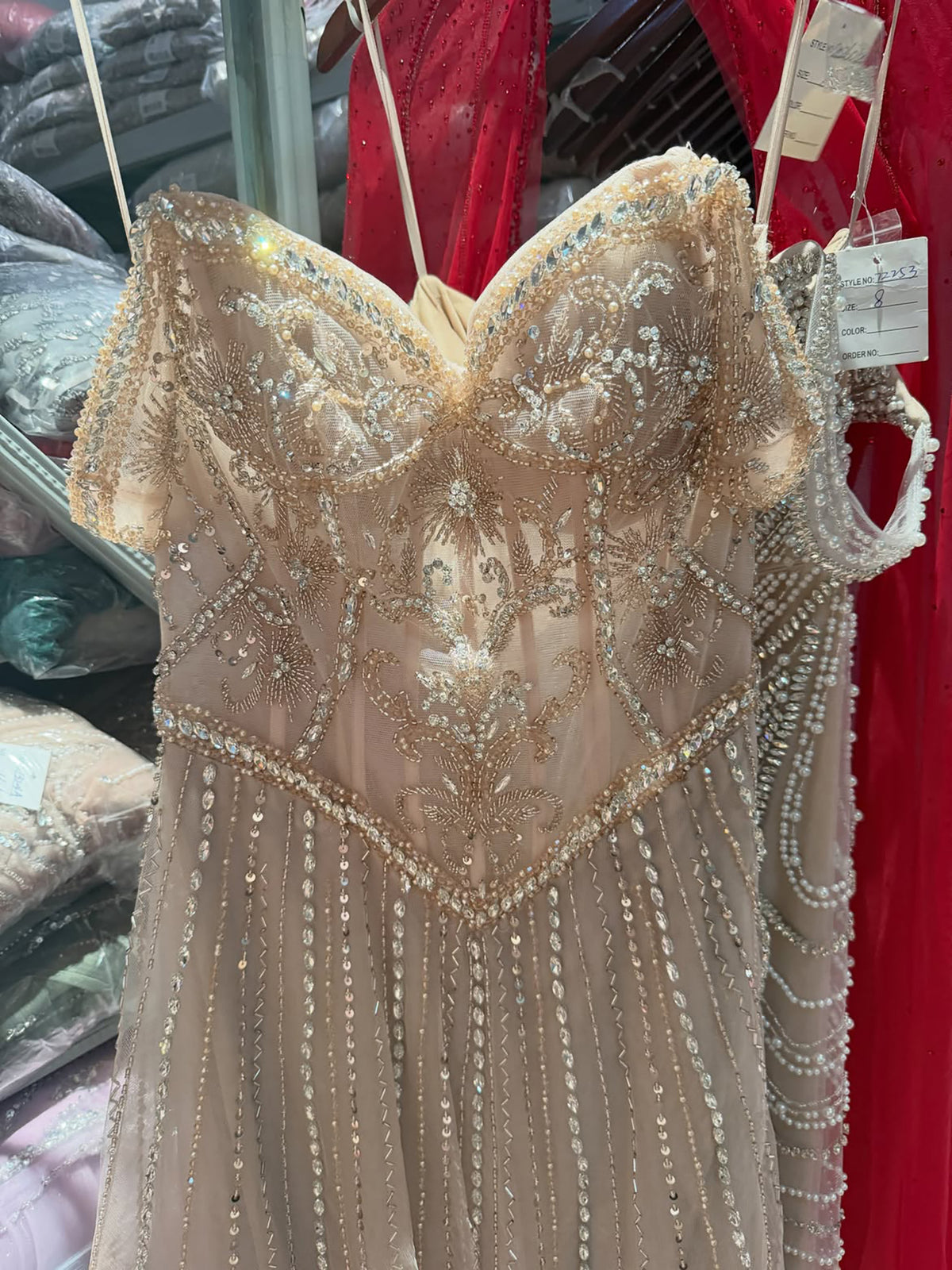 Luxury Caramel Crystal Beaded Off Shoulder A Line Evening Dress LA73951