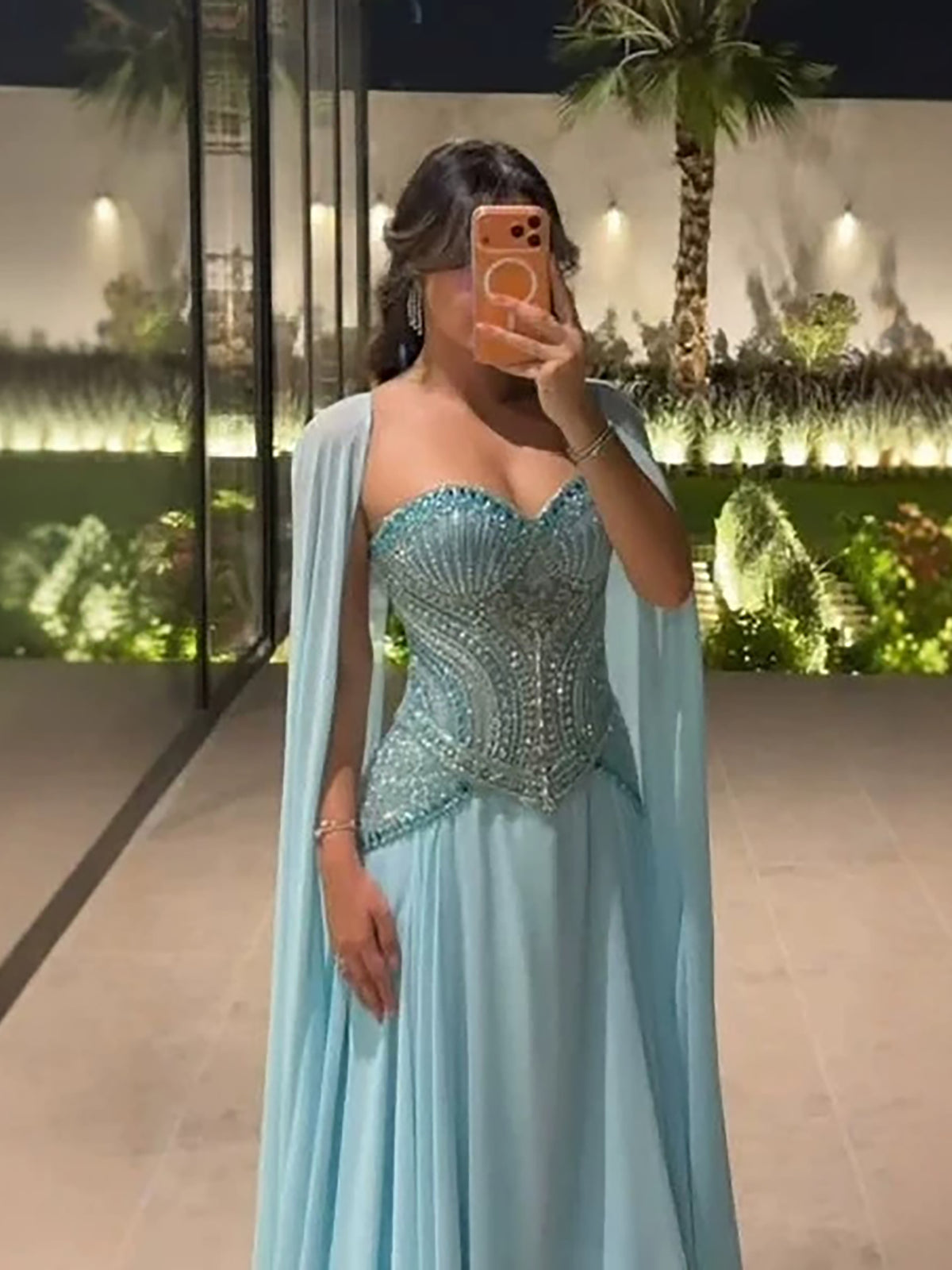 Luxury Blue Beaded A Line Evening Dress with Cape Sleeves LA73957