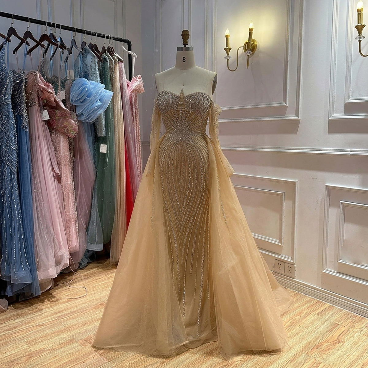 Luxury Nude Beaded Off Shoulder Mermaid Evening Gown LA73982