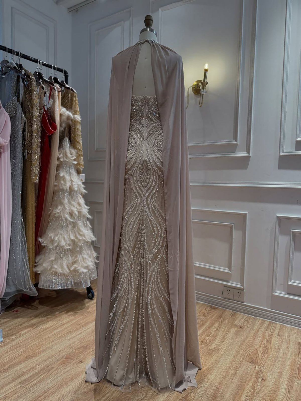 Luxury Nude Beaded Mermaid Evening Dress with Cape Sleeves LA77256