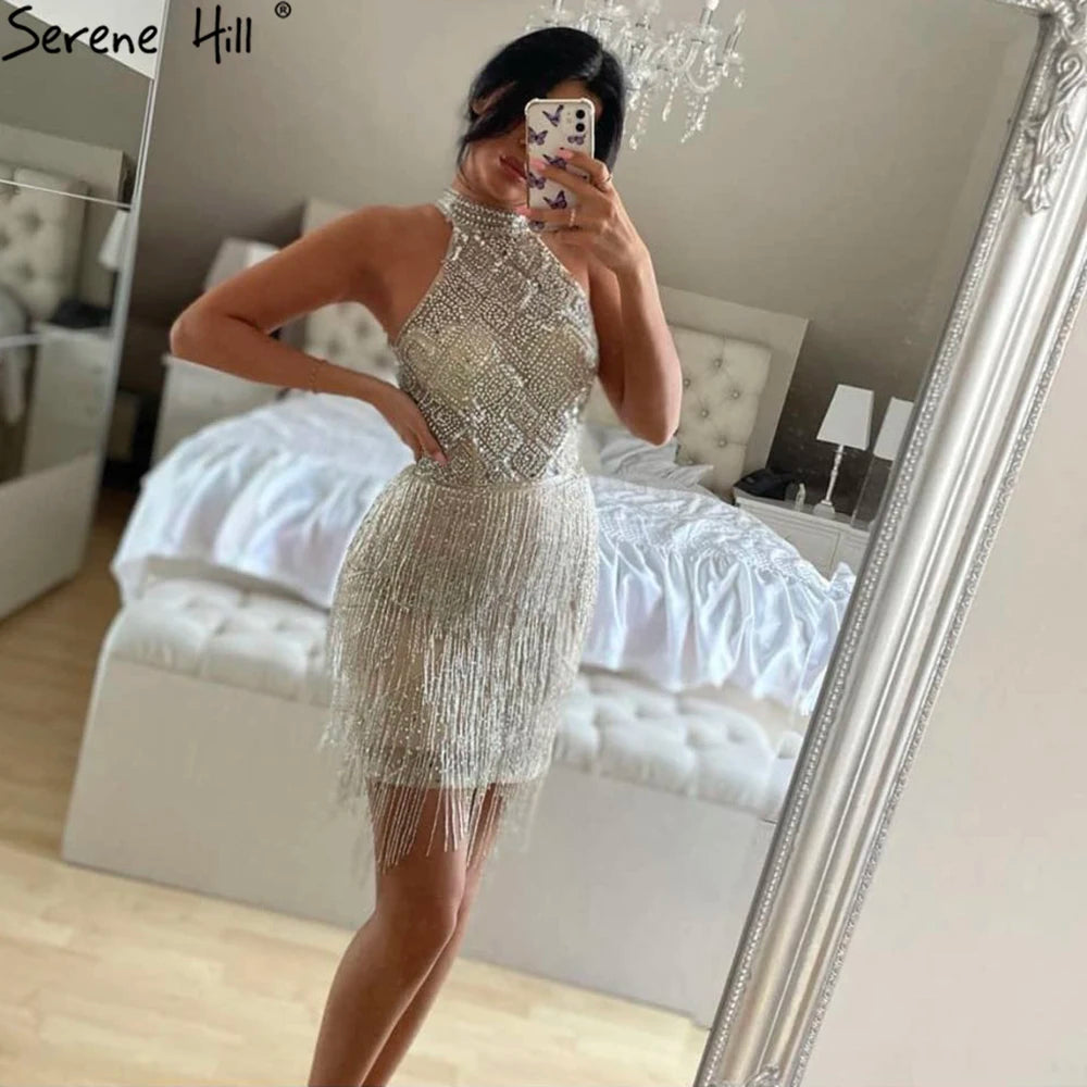On Sale no return no refund Mermaid Tassel Luxury Halter Rhinestones Evening Dress Pageant Gown Sleeveless Mermaid Split Robe de Soiree Serene Hill LA60776 - SERENE HILL