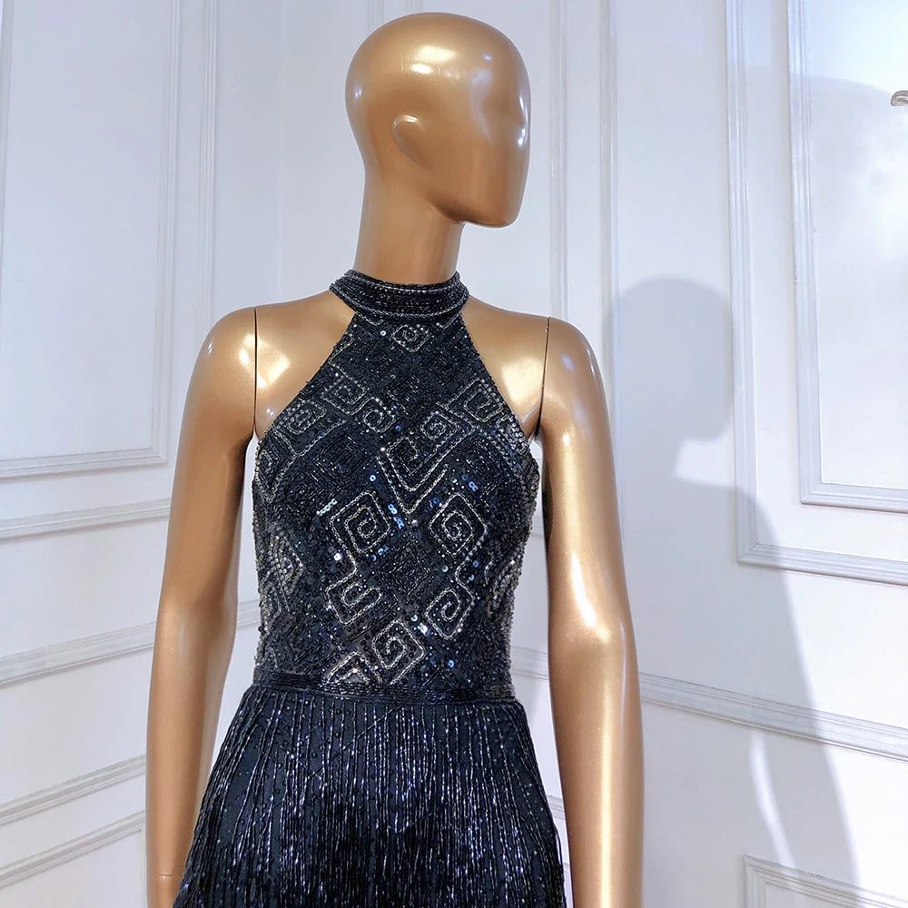 On Sale no return no refund Mermaid Tassel Luxury Halter Rhinestones Evening Dress Pageant Gown Sleeveless Mermaid Split Robe de Soiree Serene Hill LA60776 - SERENE HILL