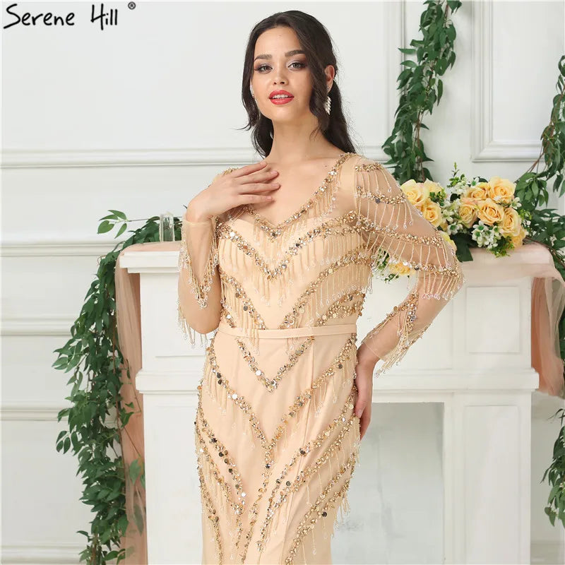 Newest Designer Gold V-Neck Evening Dresses Mermaid Long Sleeves Tassel Beading Fashion Evening Gowns LA6631 - SERENE HILL
