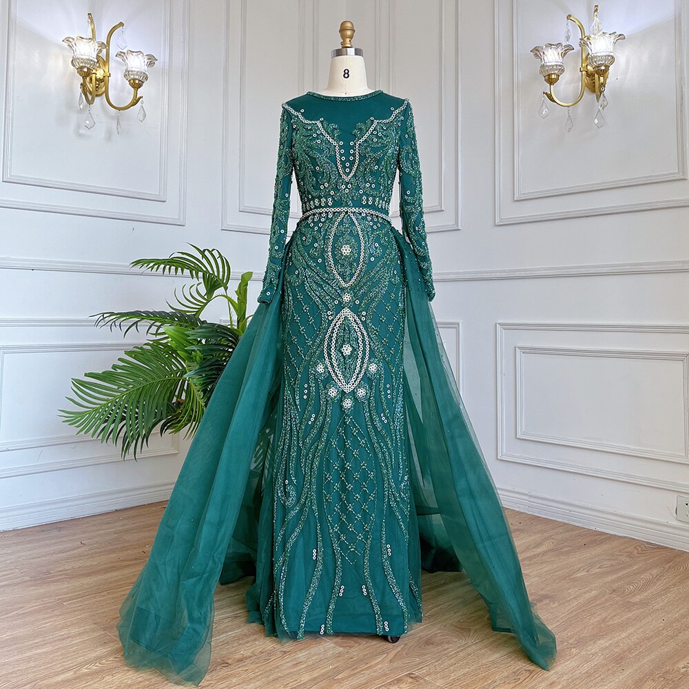 SERENE HILL Luxury Muslim Nude Beaded Mermaid Evening Dress with Overskirt LA71597 - SERENE HILL